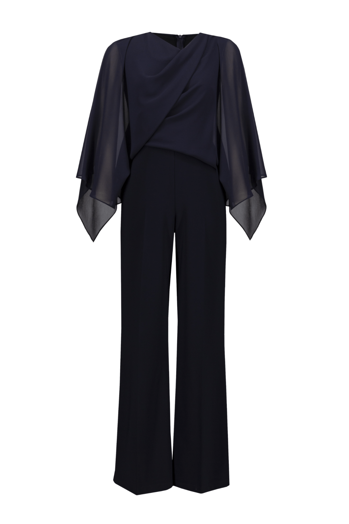Joseph Ribkoff midnight blue silky knit wide-leg jumpsuit with chiffon poncho overlay and cowl neckline