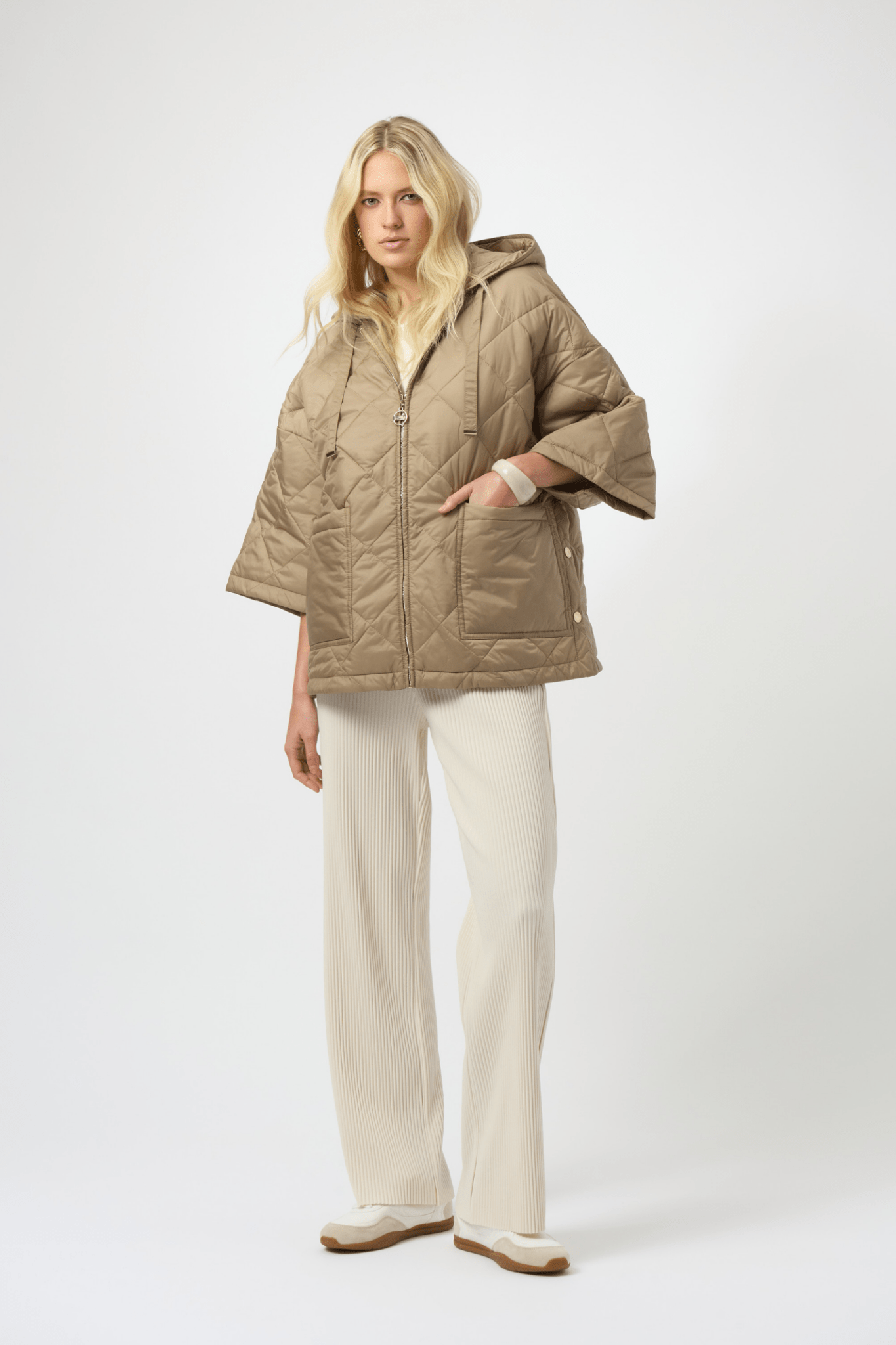 Joseph Ribkoff gold quilted hooded jacket with diamond pattern and kimono sleeves