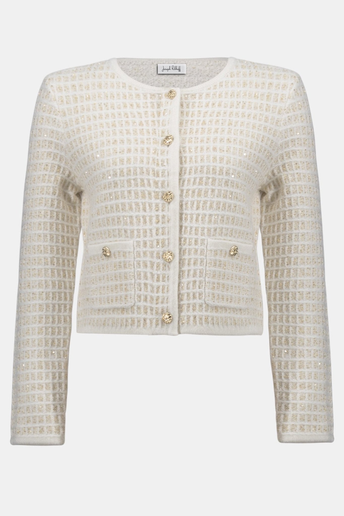 Joseph Ribkoff 254938 Winter White Sequined Sweater Knit Cardigan with Gold Buttons - Dotique - Joseph Ribkoff