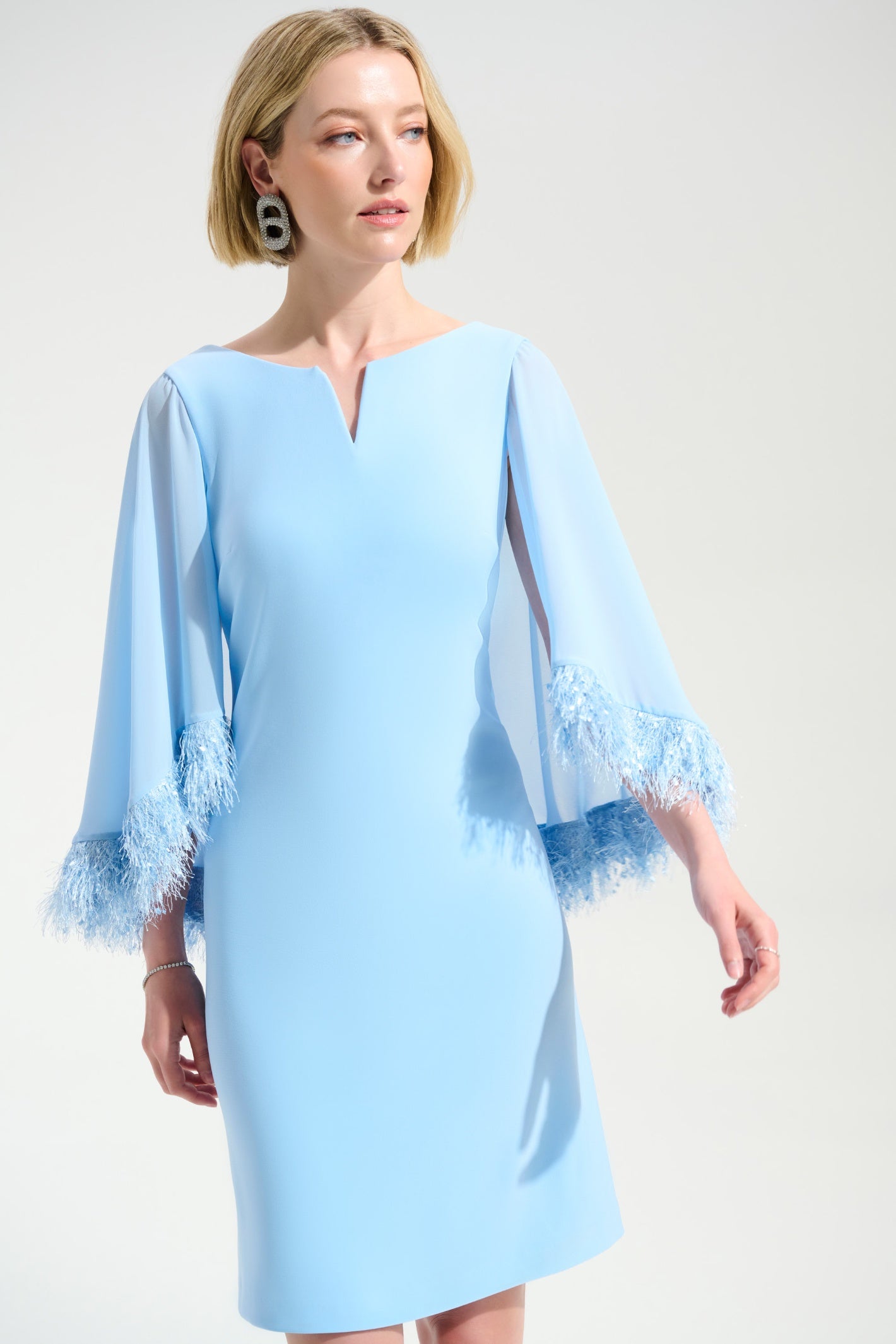 pale blue chiffon trimmed dress Joseph Ribkoff 261715 Silky Knit A-Line With Cape And No Size:Fierce A high neckline brings Product type_ Cut Out Dresses Marilyn Monroe's Happy Birthday