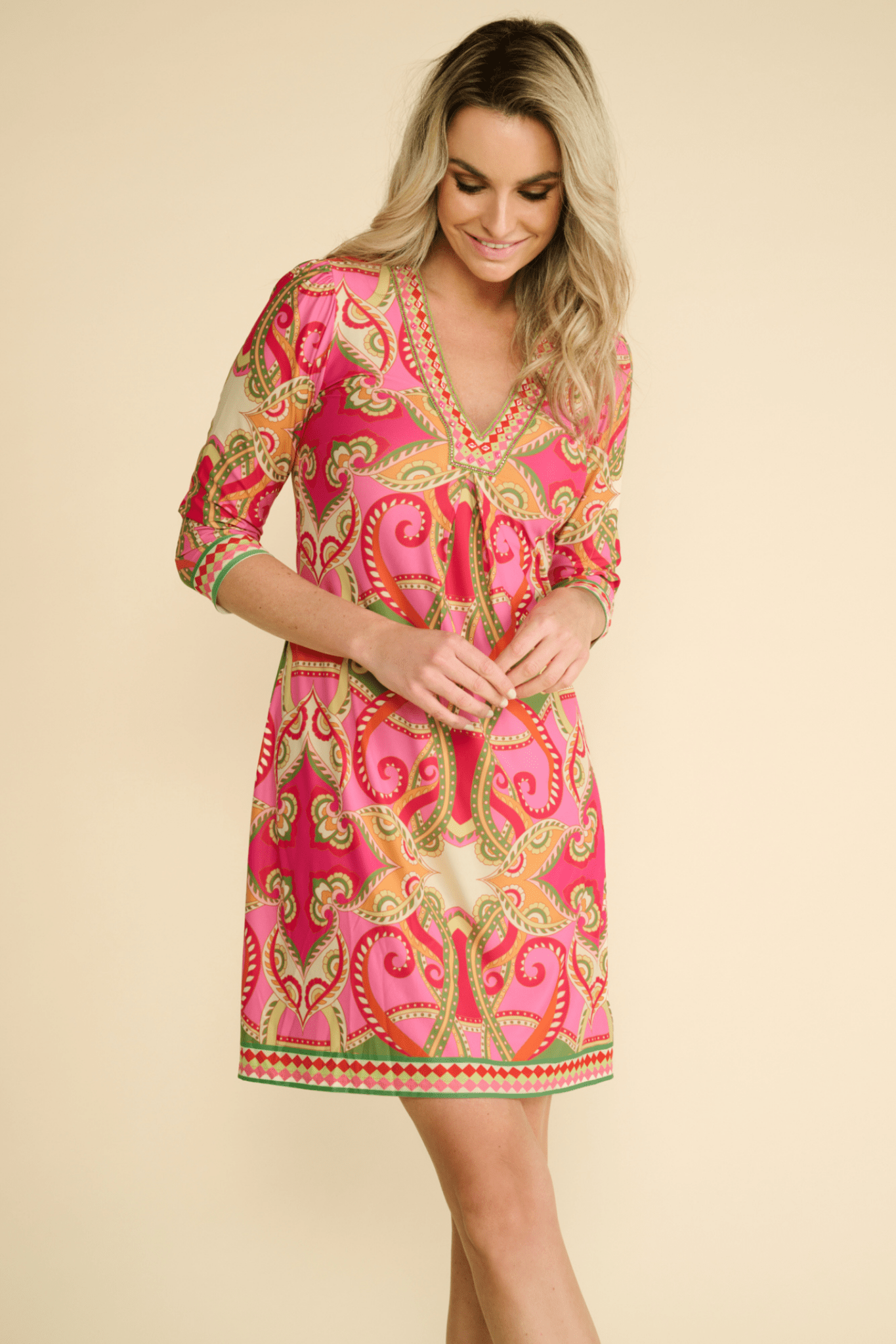 K Design A400 P961 Pink V Neck Dress with Design - Dotique - K - Design