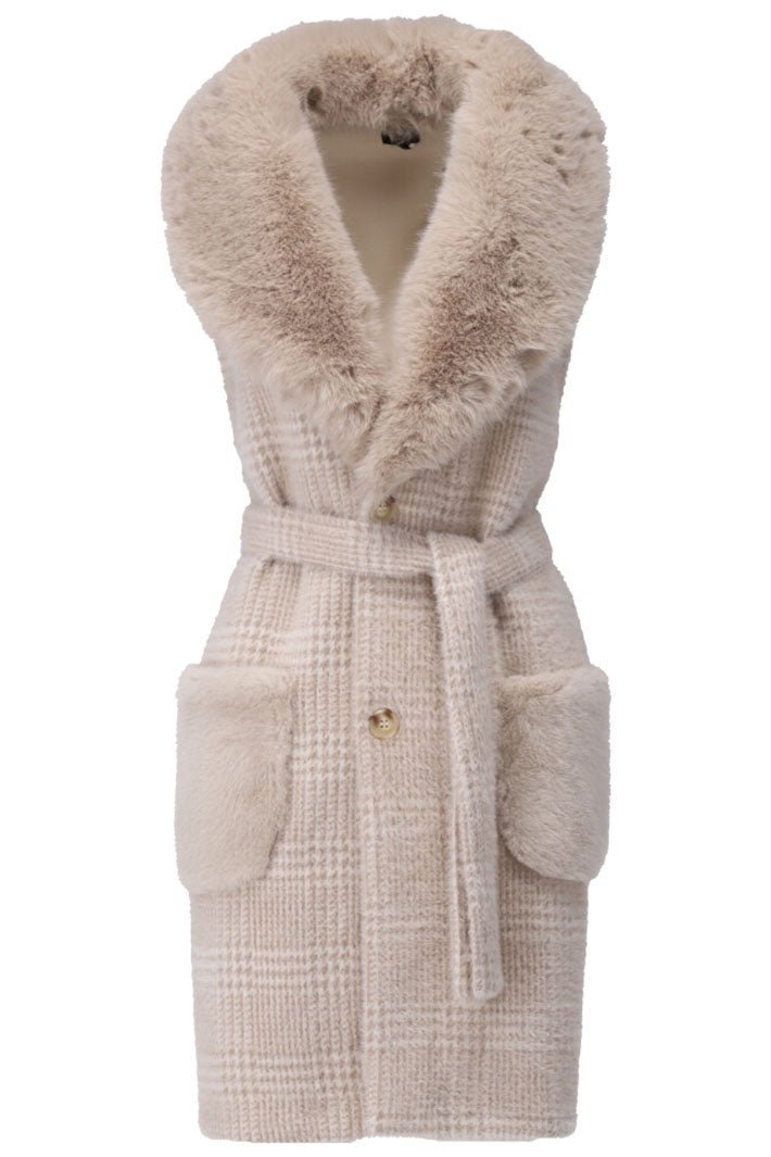 K - Design Jacket Sleeveless Cream Check Faux Fur Collar Reversible Z902 - Dotique - K - Design