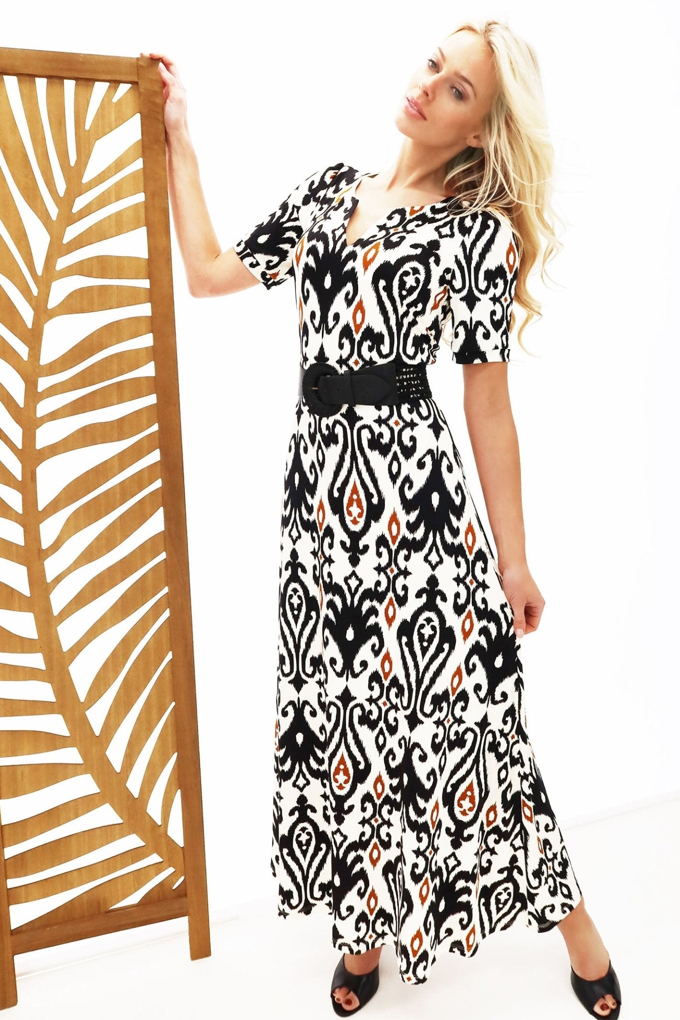 K-Design Y339 Black White Print Maxi Dress & Belt - Dotique