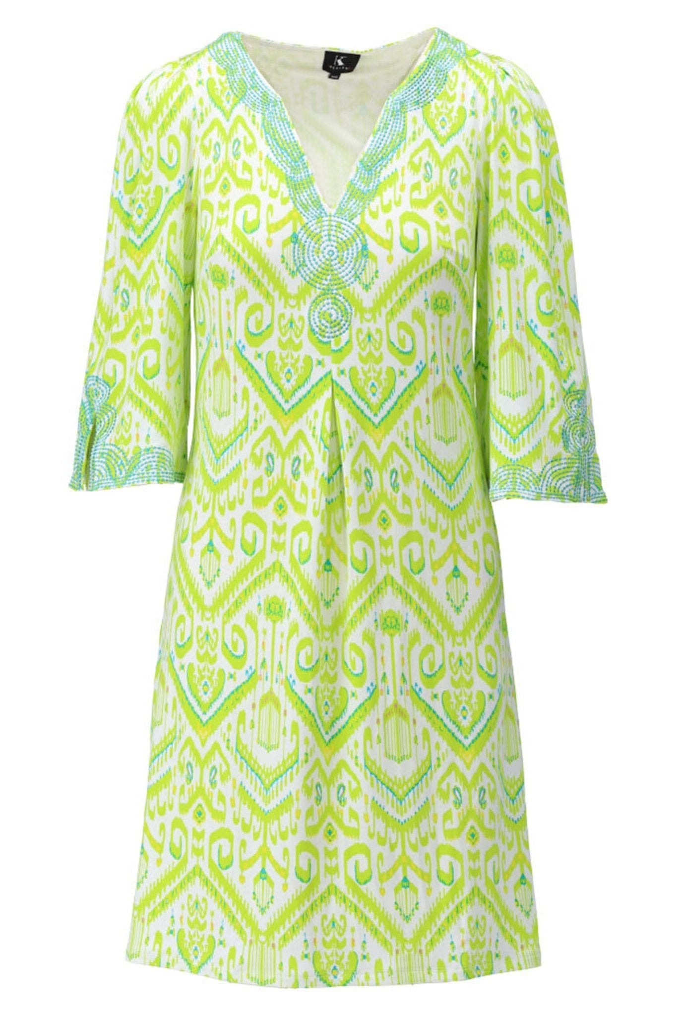 K-Design Y366 Green Print V-Neck Beaded Dress - Dotique