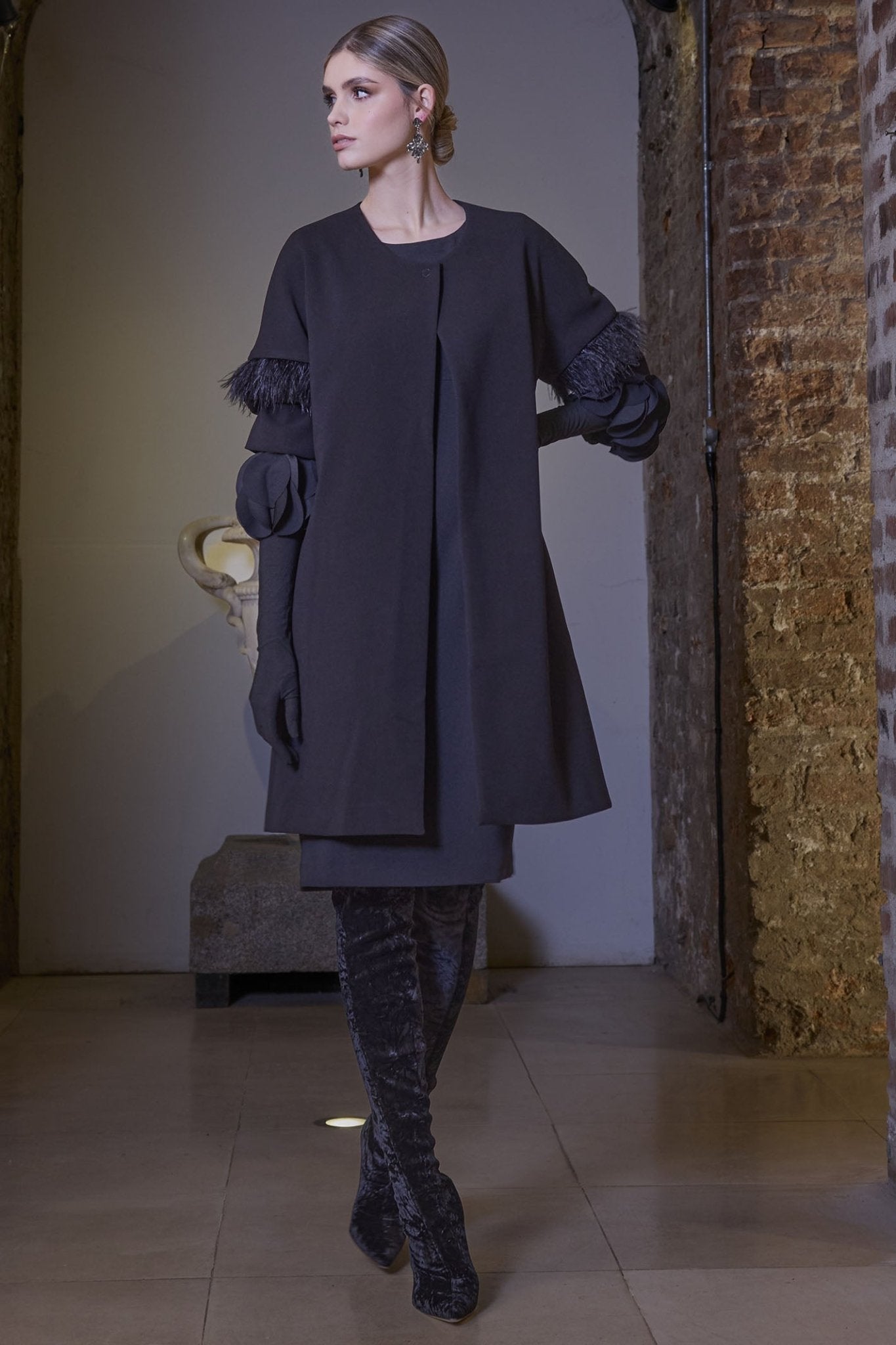 Kate Cooper 164 Black Coat Feather Trim Sleeve - Dotique