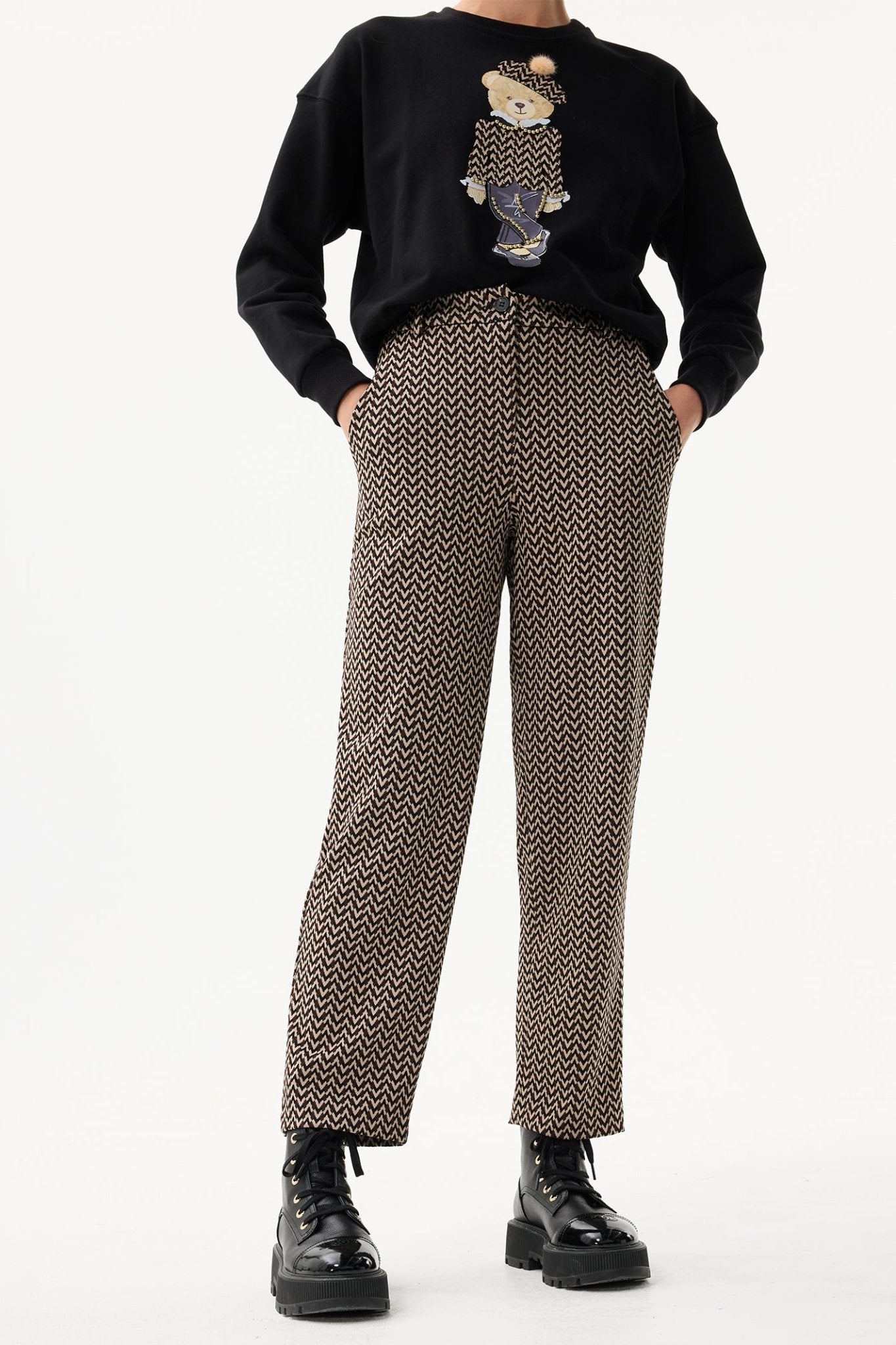 Leo & Ugo EHP603 Brown Black Beige Zig - Zag Pattern Trousers - Dotique - Leo & Ugo