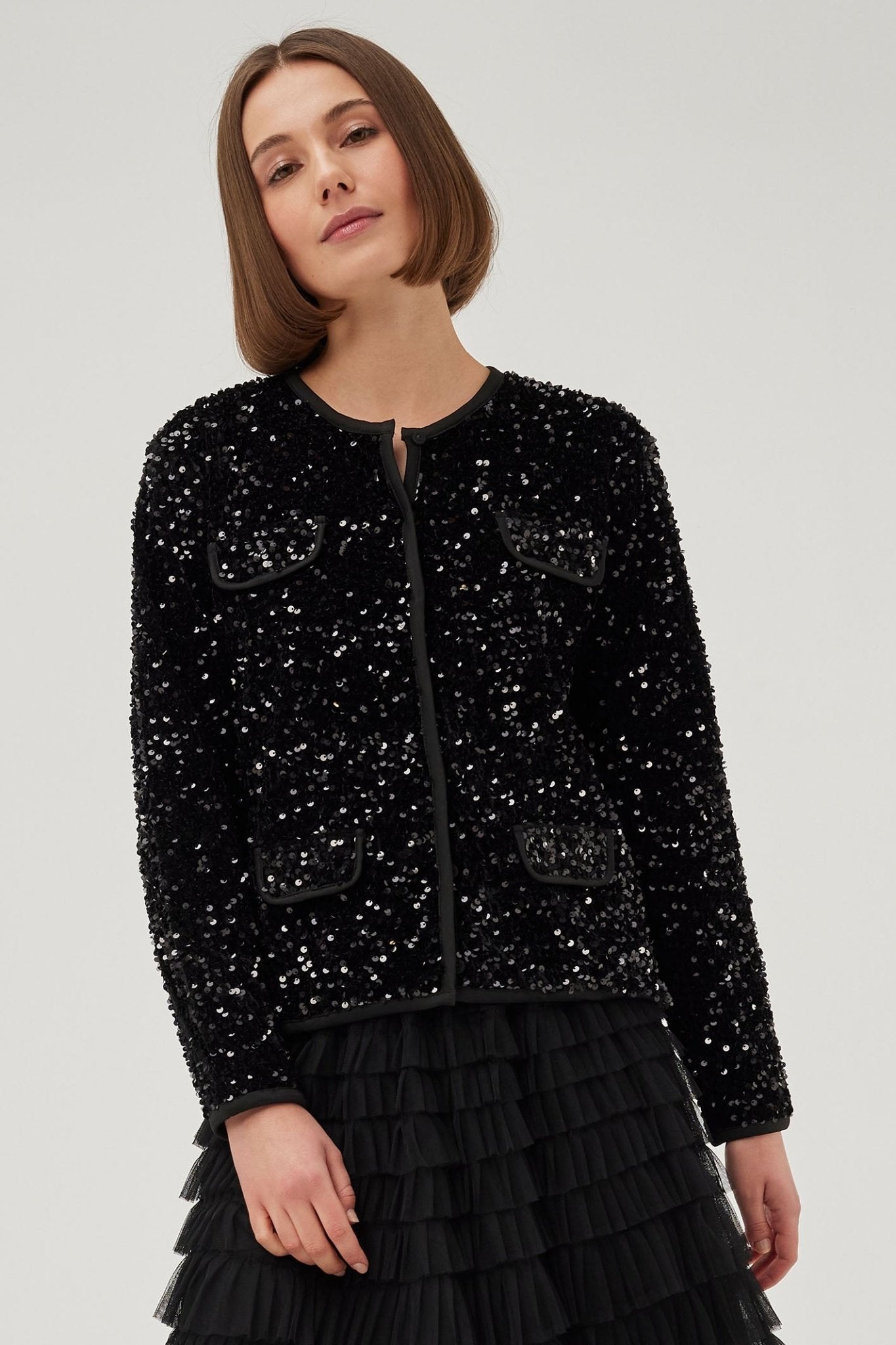 Leo & Ugo Jacket Top Sequin Round Neck Black BW534 - Dotique - Leo & Ugo