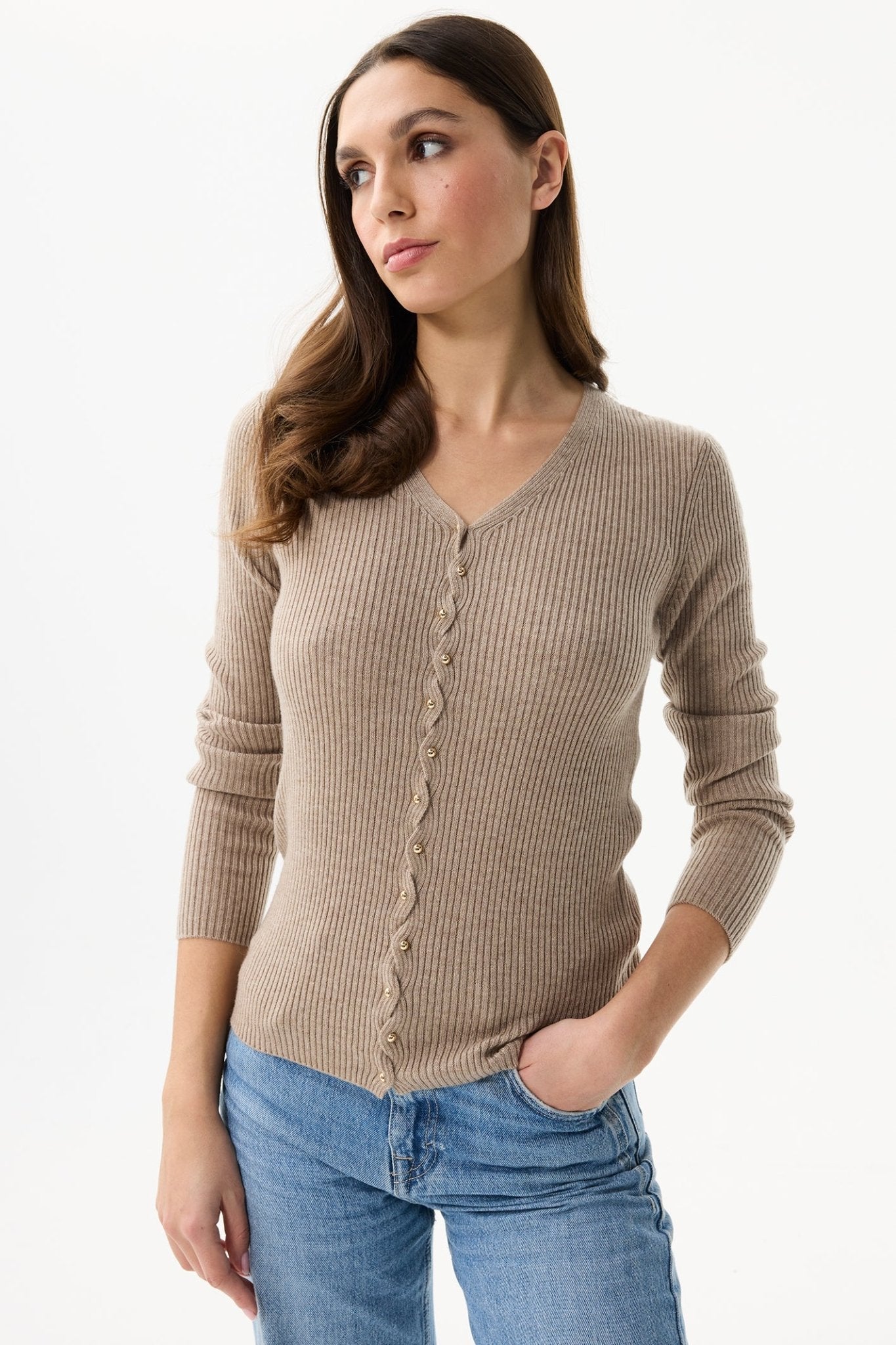 Leo & Ugo KH979 Beige Ribbed V - Neck Jumper - Dotique - Leo & Ugo