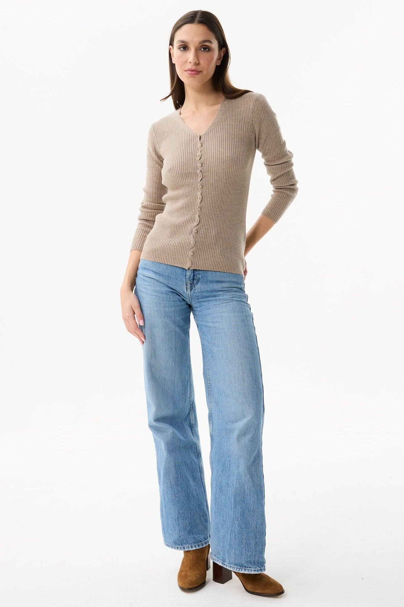 Leo & Ugo KH979 Beige Ribbed V - Neck Jumper - Dotique - Leo & Ugo