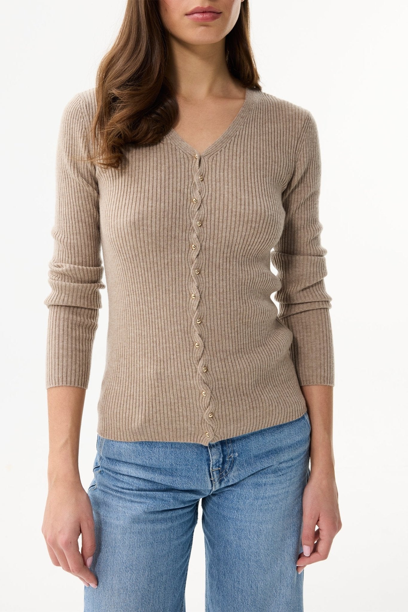 Leo & Ugo KH979 Beige Ribbed V - Neck Jumper - Dotique - Leo & Ugo