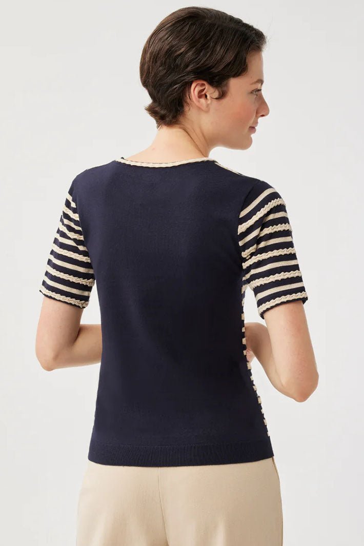 Leo & Ugo Marine AE833 Navy Gold Stripe Short Sleeve Top - Dotique