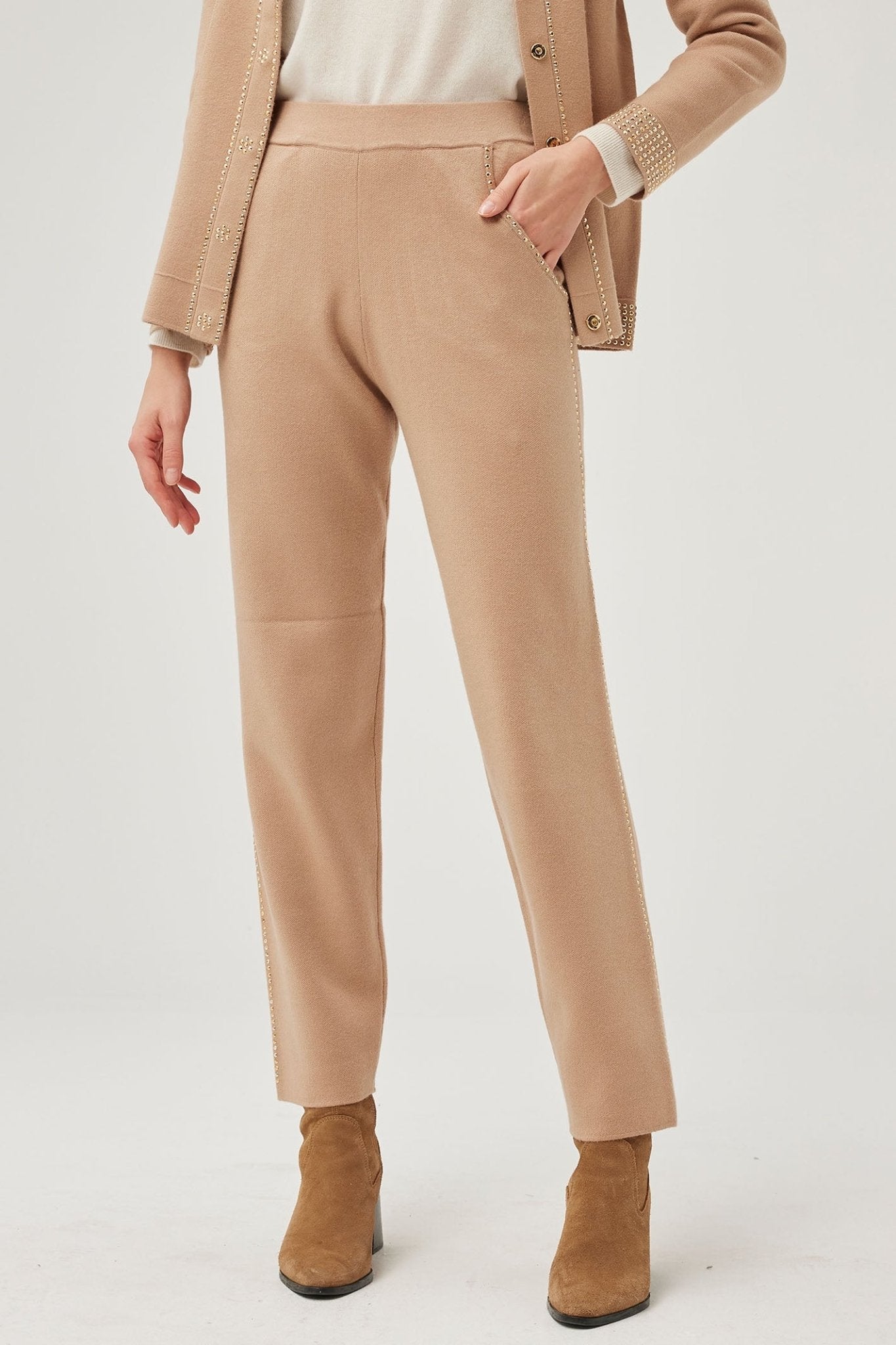 Leo & Ugo Trousers Knit Stud Detail Beige AWP464 - Dotique - Leo & Ugo