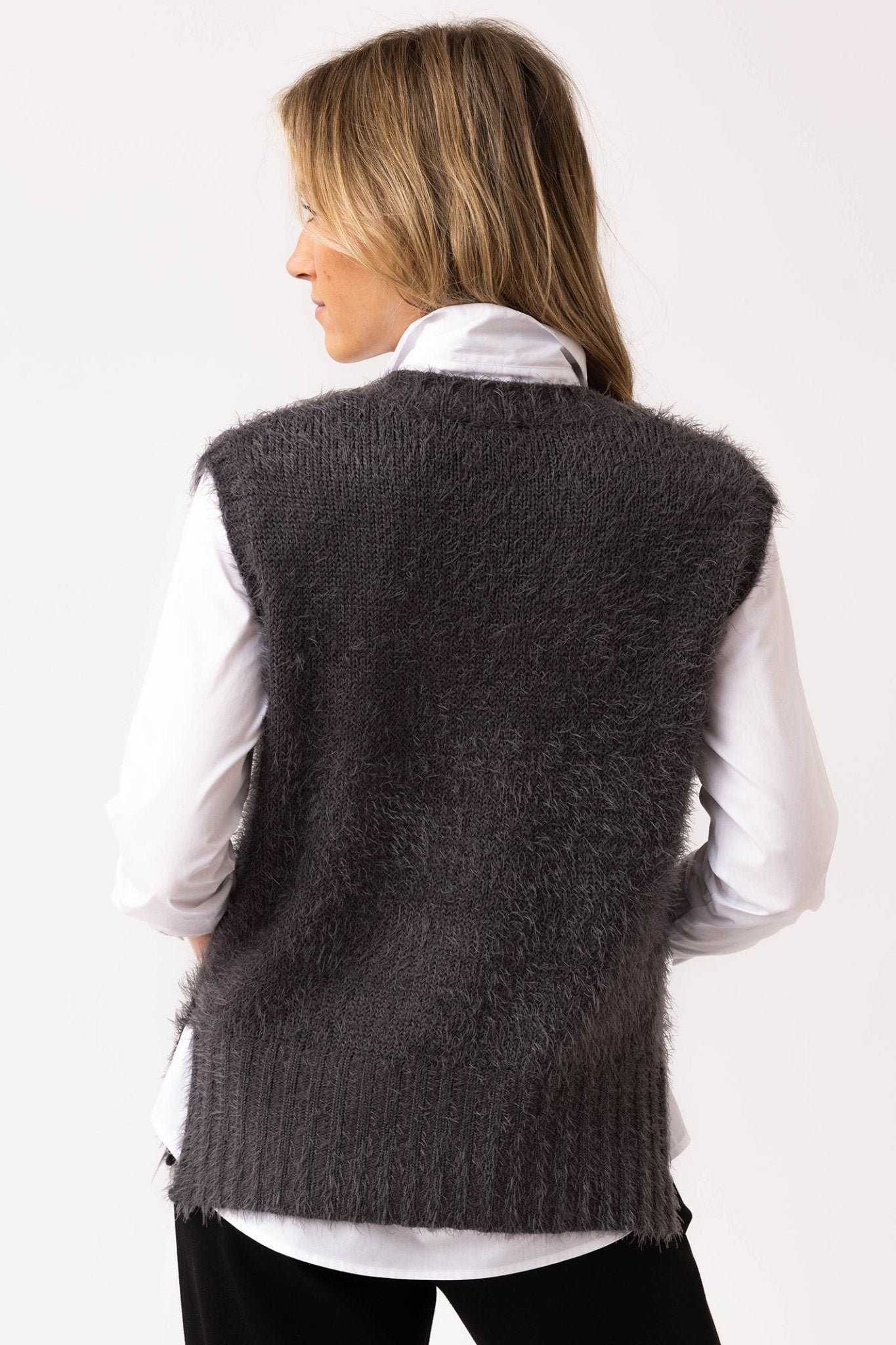 Marble 7140 (105) Grey Fluffy Tank Top with V - Neck and Side Splits - Dotique - Marble