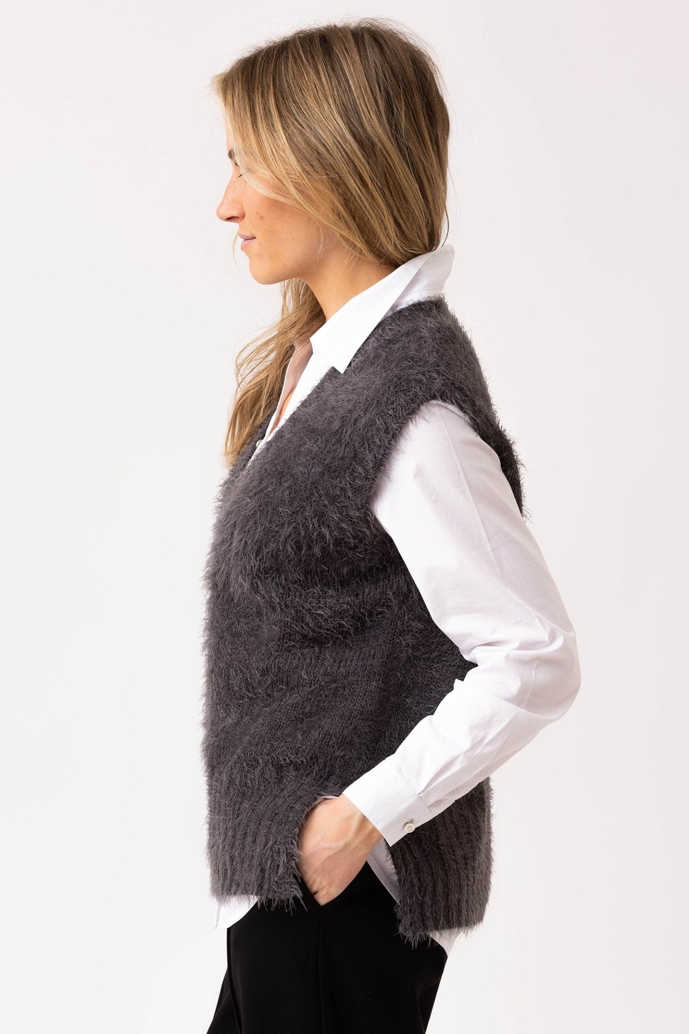 Marble 7140 (105) Grey Fluffy Tank Top with V - Neck and Side Splits - Dotique - Marble