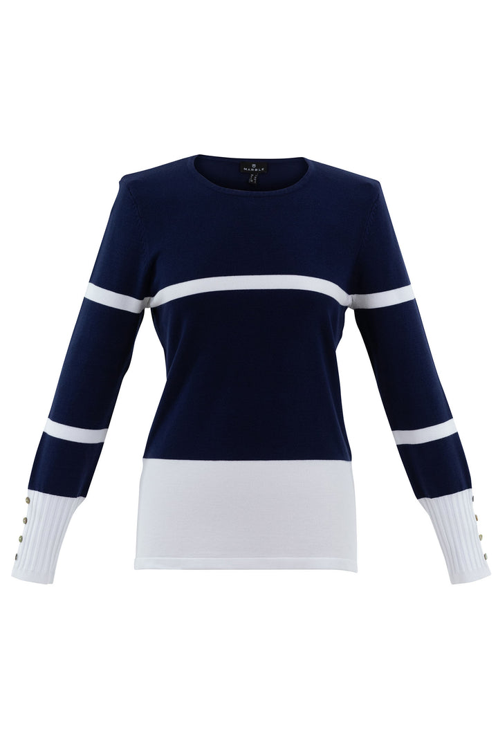 Marble 7304 103 Navy White Stripe Ribbed Cuff Jumper - Dotique
