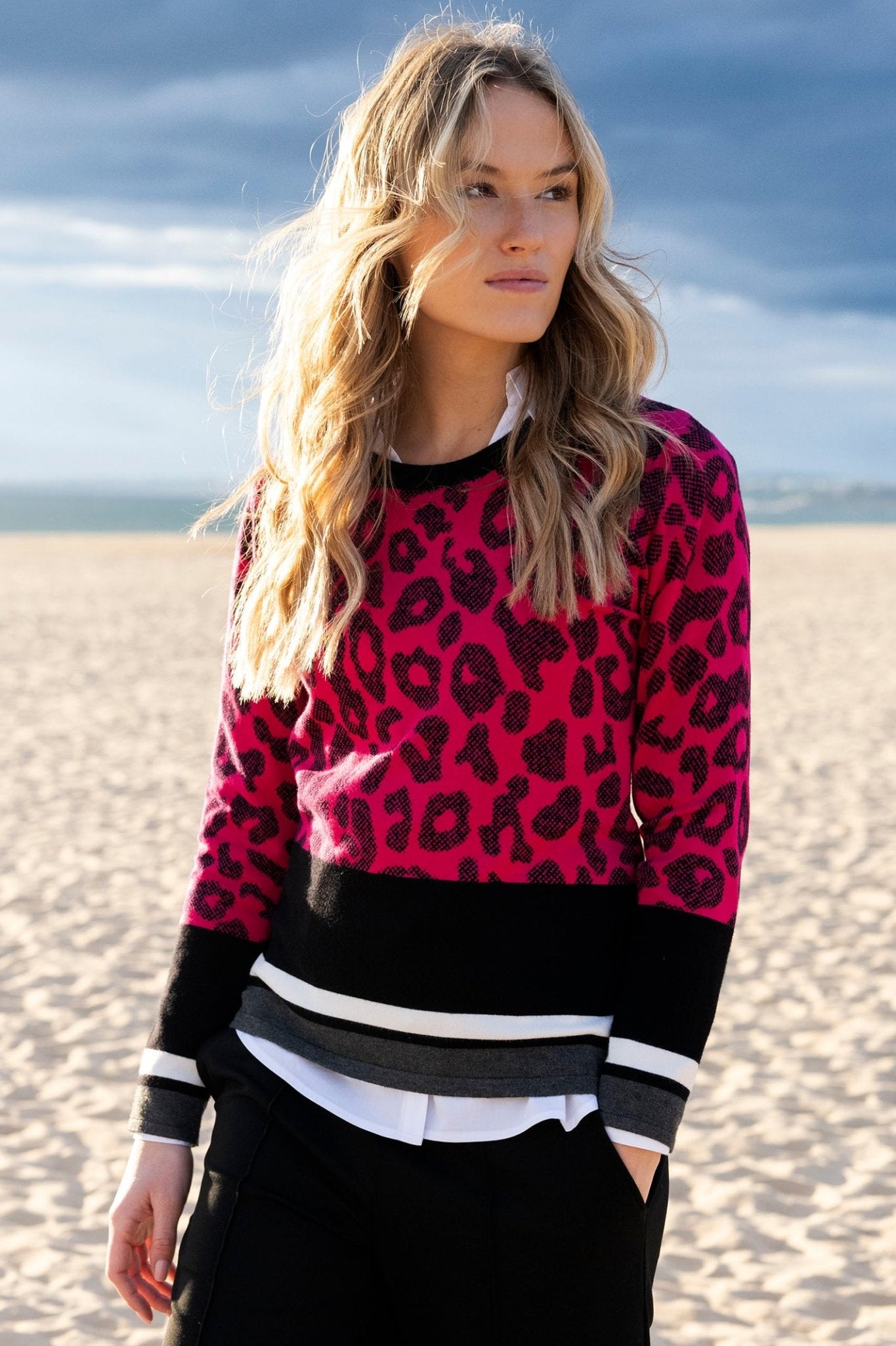 Marble 7997 (126) Pink and Black Leopard Print Fine Knit Round Neck Jumper with Stripe Contrast Detailing - Dotique - Marble