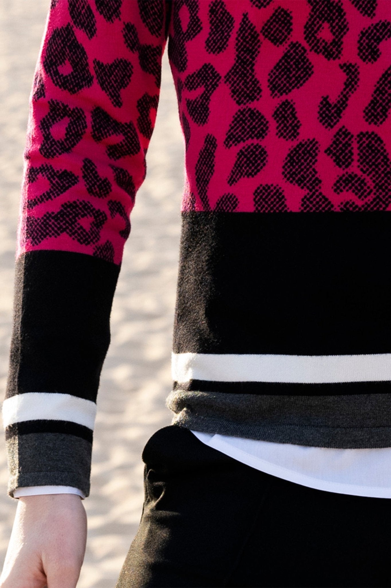 Marble 7997 (126) Pink and Black Leopard Print Fine Knit Round Neck Jumper with Stripe Contrast Detailing - Dotique - Marble