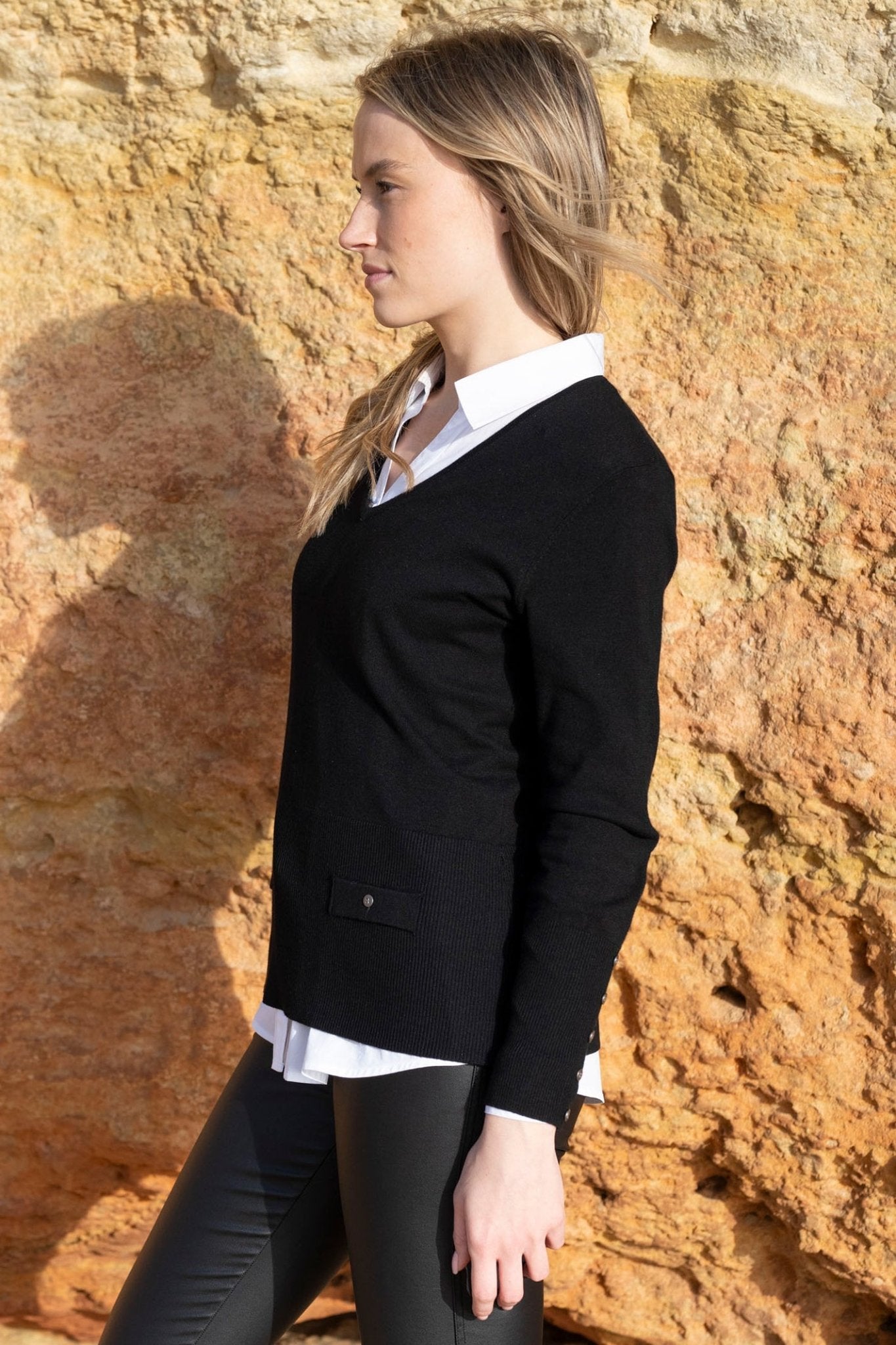 Marble 8014 (101) Black Fine Knit V - Neck Jumper with Button Detailing To Cuff and Front - Dotique - Marble