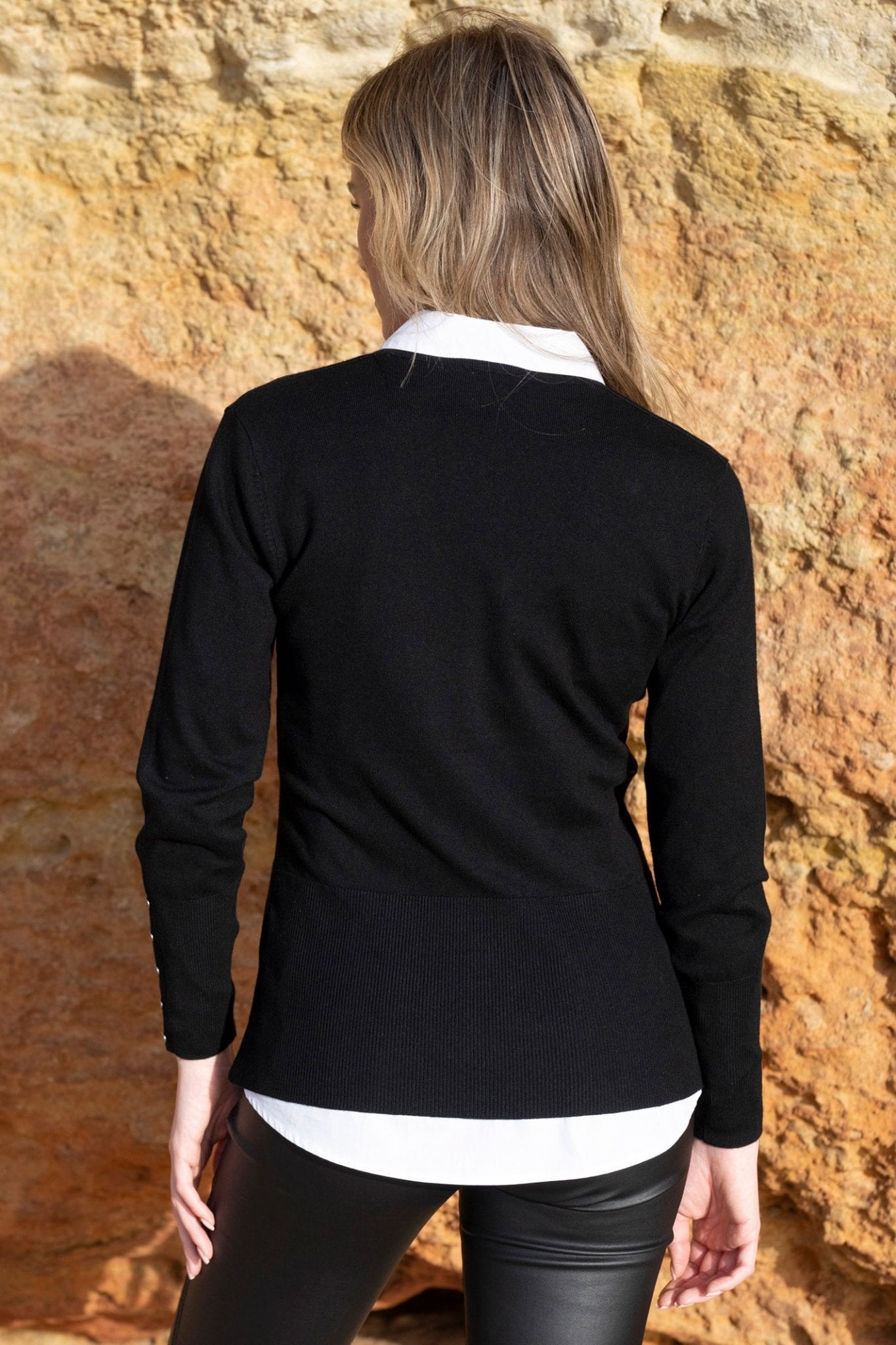 Marble 8014 (101) Black Fine Knit V - Neck Jumper with Button Detailing To Cuff and Front - Dotique - Marble