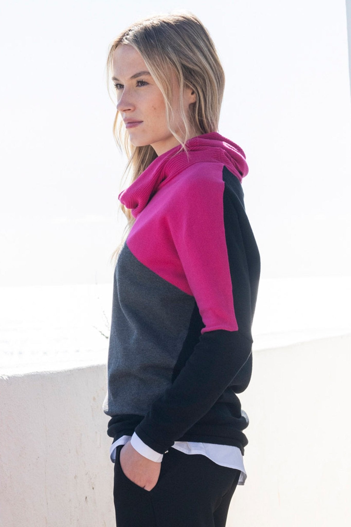 Marble 8071 (126) Pink, Black, Grey and White Block Colour Cowl Neck Cotton Jumper - Dotique - Marble