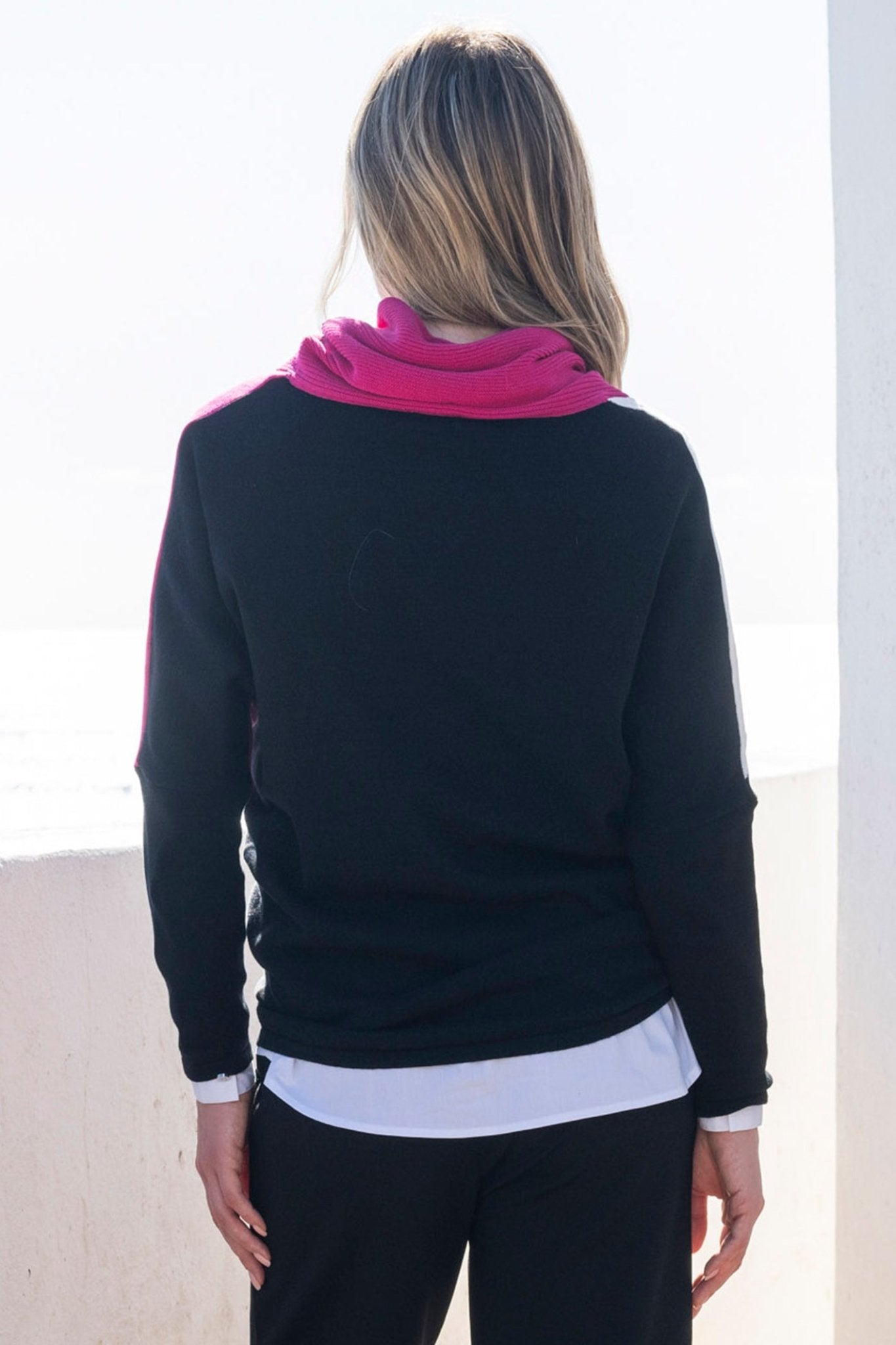 Marble 8071 (126) Pink, Black, Grey and White Block Colour Cowl Neck Cotton Jumper - Dotique - Marble