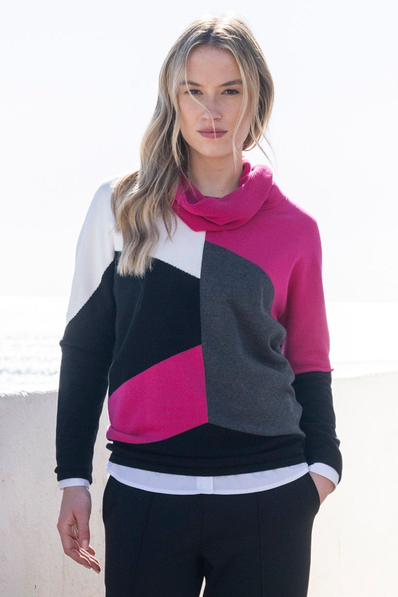 Marble 8071 (126) Pink, Black, Grey and White Block Colour Cowl Neck Cotton Jumper - Dotique - Marble