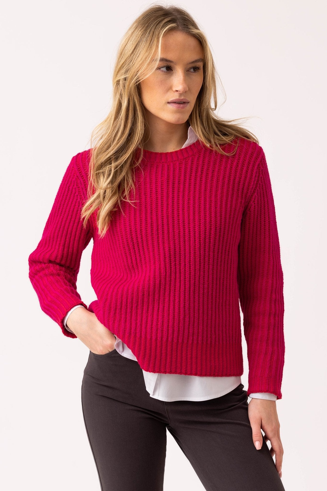 Marble 8100 (126) Pink and Red Cable Knit Round Neck Jumper with Detachable Cowl Neck - Dotique - Marble