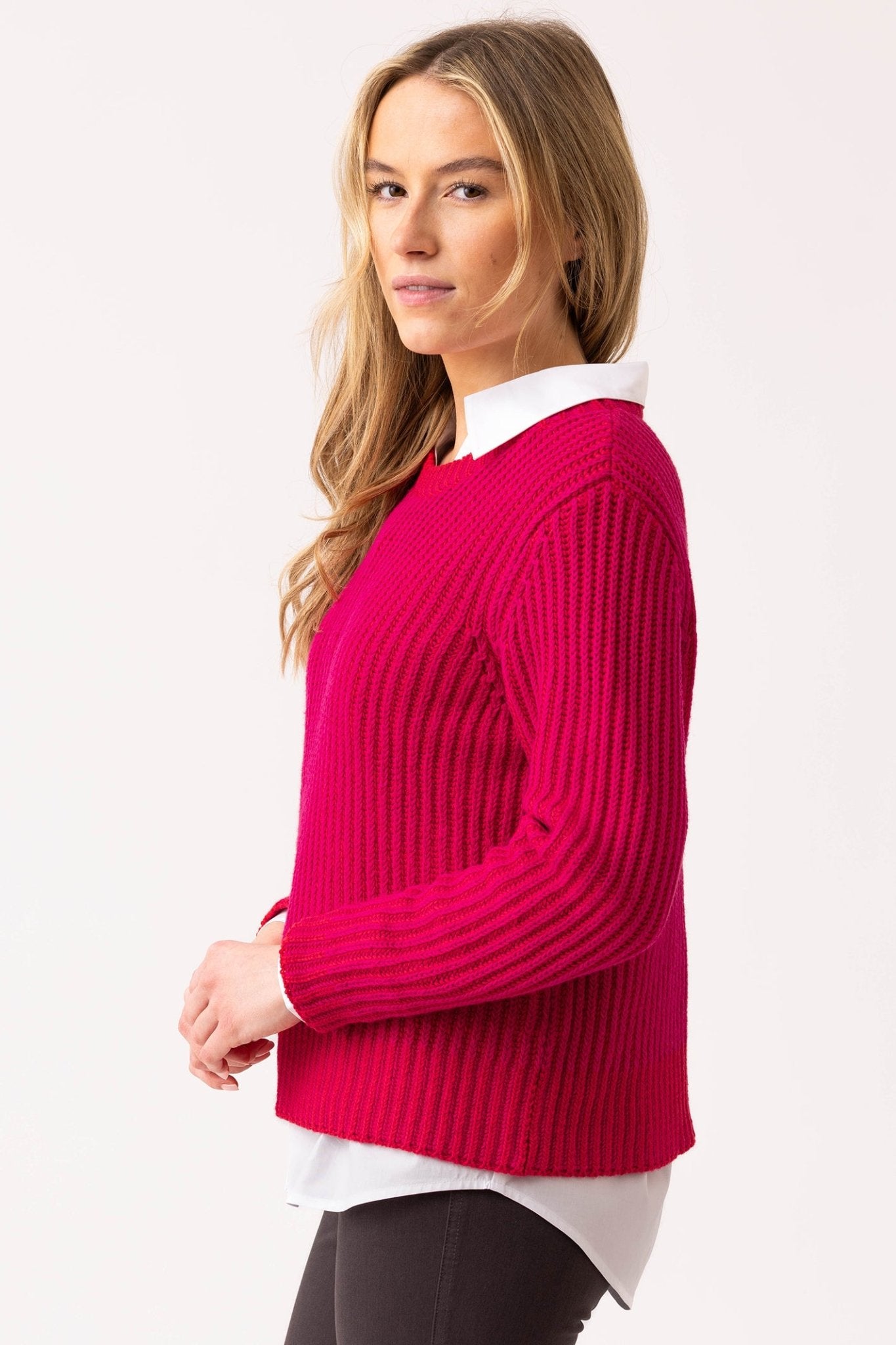 Marble 8100 (126) Pink and Red Cable Knit Round Neck Jumper with Detachable Cowl Neck - Dotique - Marble