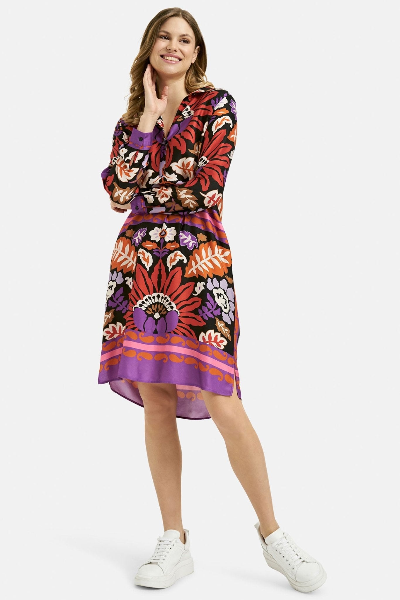 Milano 33-6130-5046 Black Floral Print Half Placket Shirt Dress - Dotique