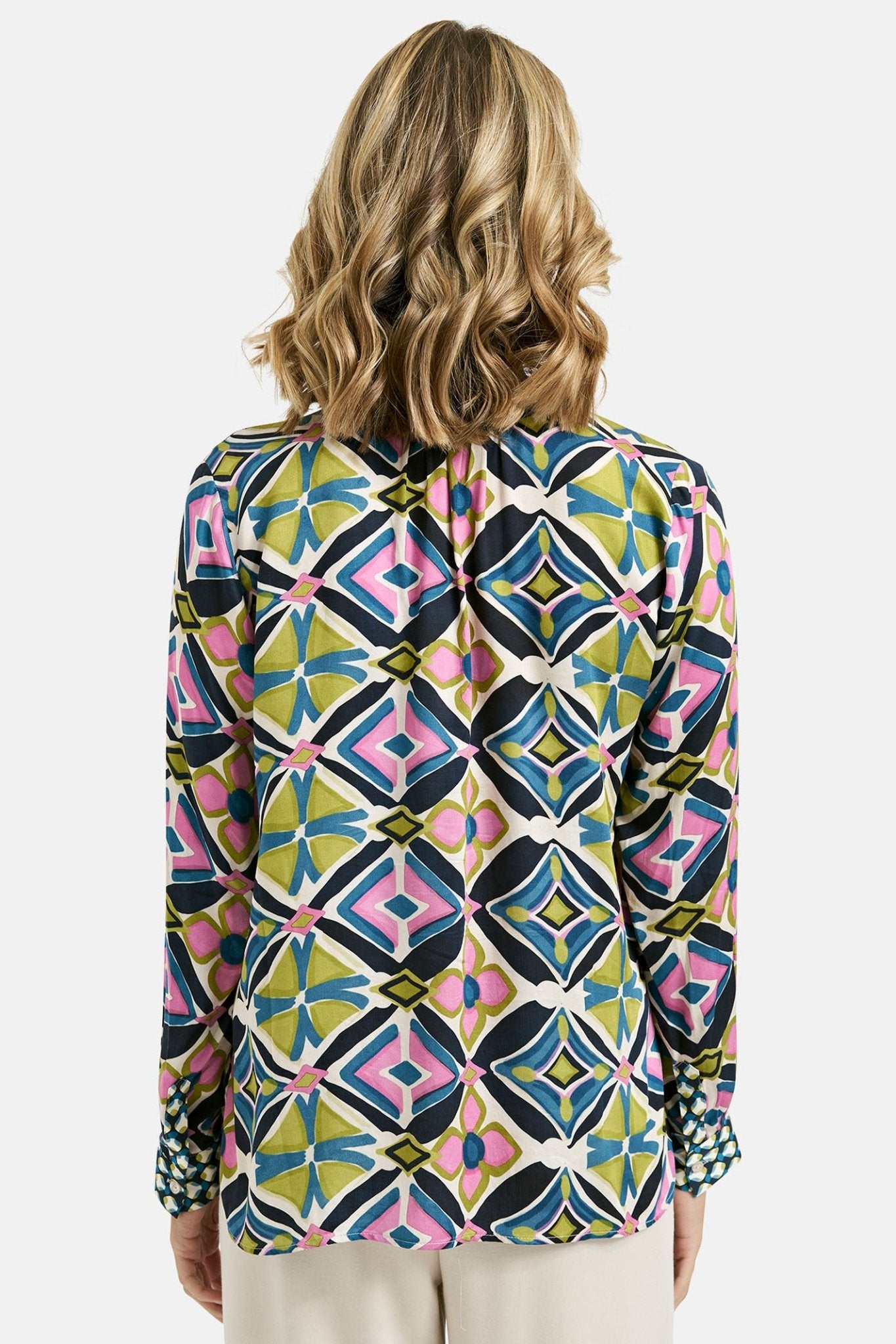 Milano 41-6230-3581 Lime Green Print V-Neck Blouse - Dotique