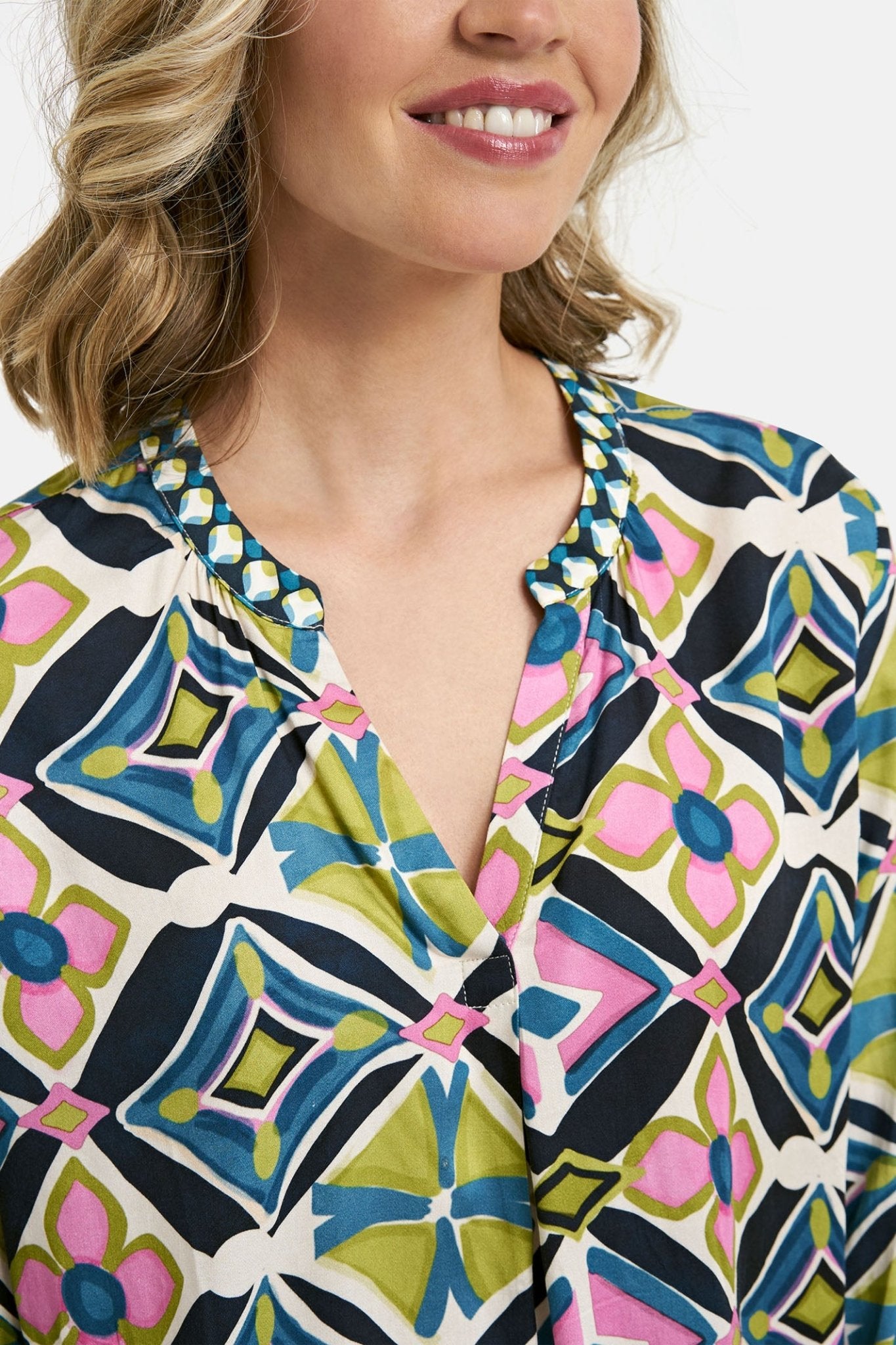 Milano 41-6230-3581 Lime Green Print V-Neck Blouse - Dotique