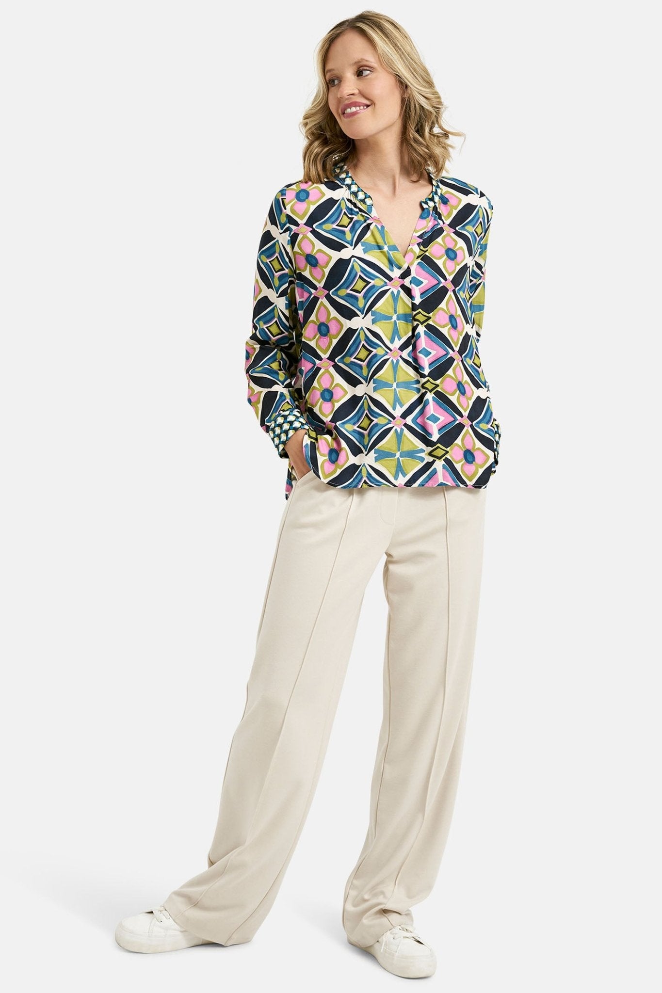 Milano 41-6230-3581 Lime Green Print V-Neck Blouse - Dotique