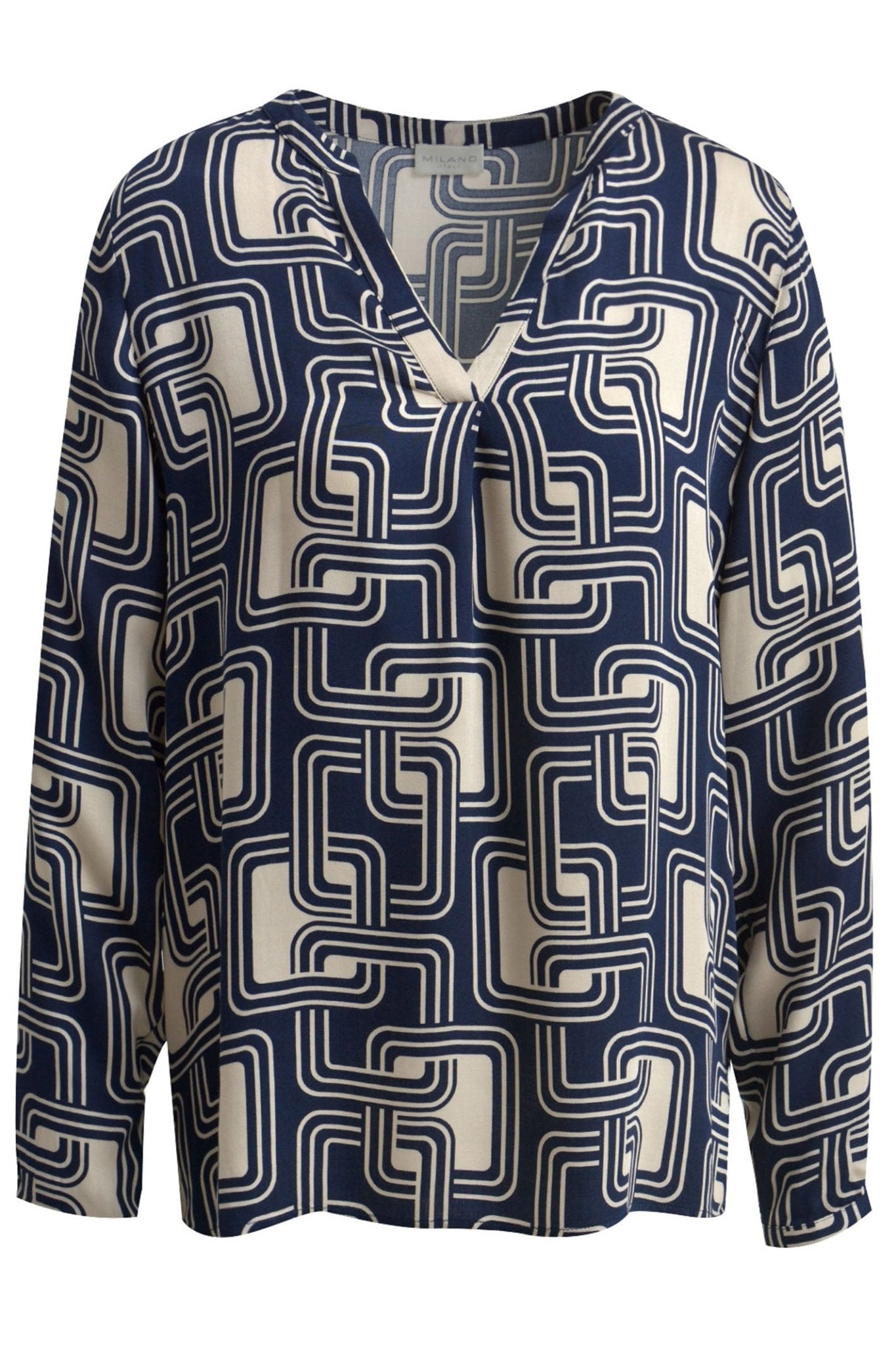 Milano 43-6386-3061 Navy Print V-Neck Blouse with Pleat at Cuff - Dotique