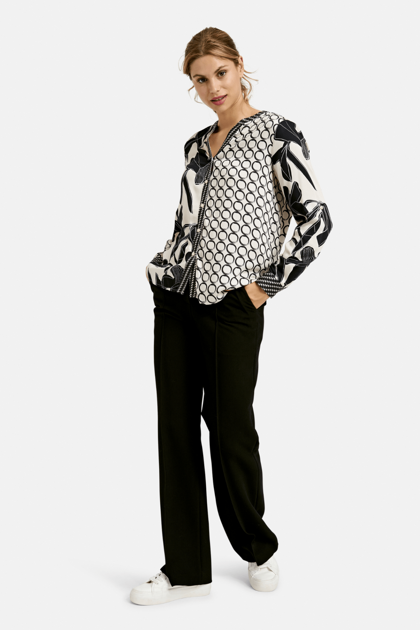 Milano 44-6372-3019  Cream/ Navy Cream Print Round Neck Blouse