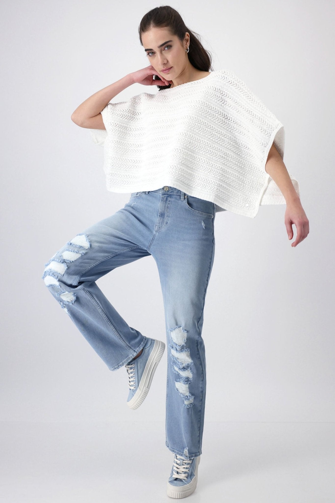 Monari 408427 Off White Crochet Knit Poncho Jumper - Dotique