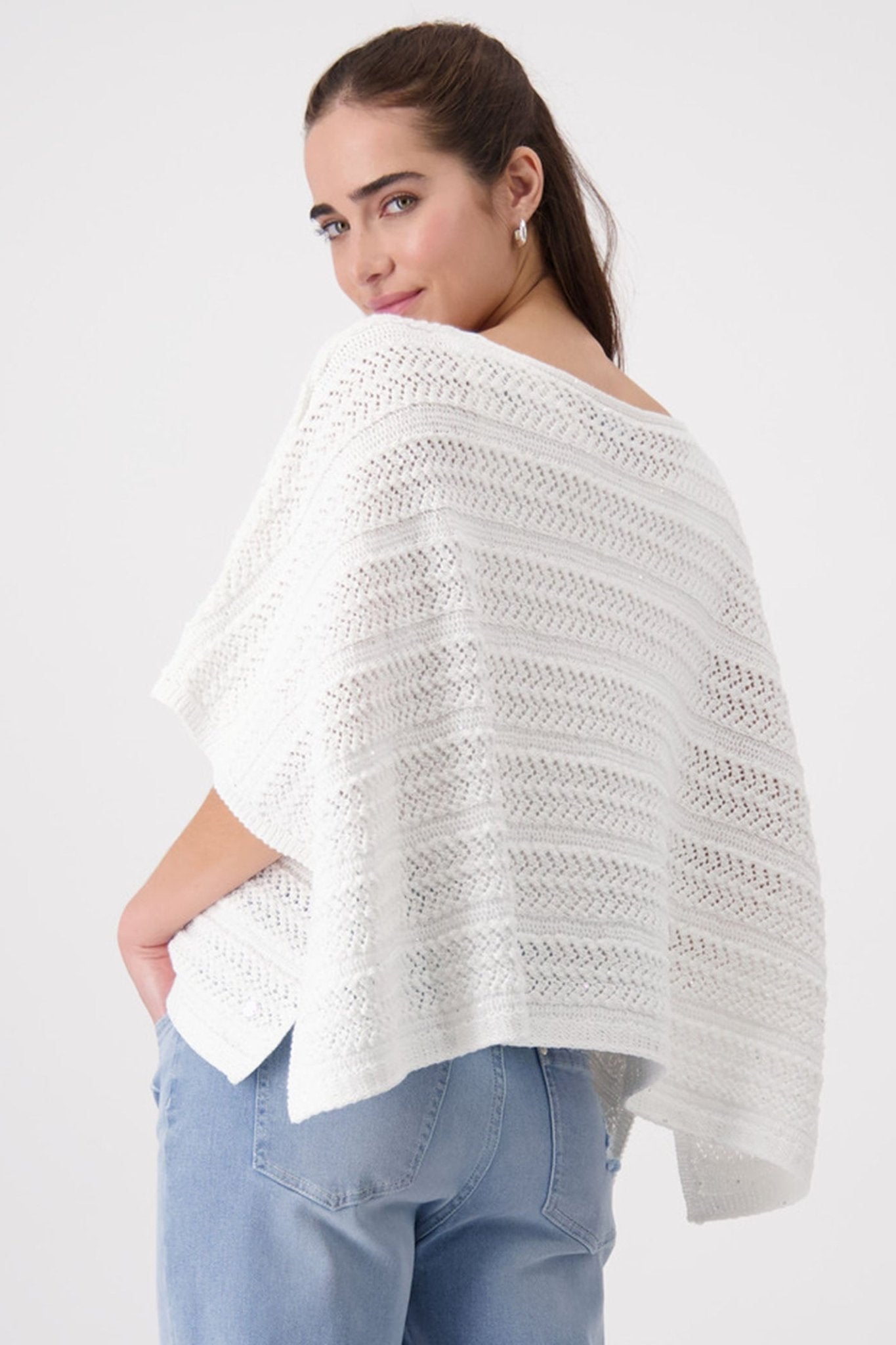 Monari 408427 Off White Crochet Knit Poncho Jumper - Dotique