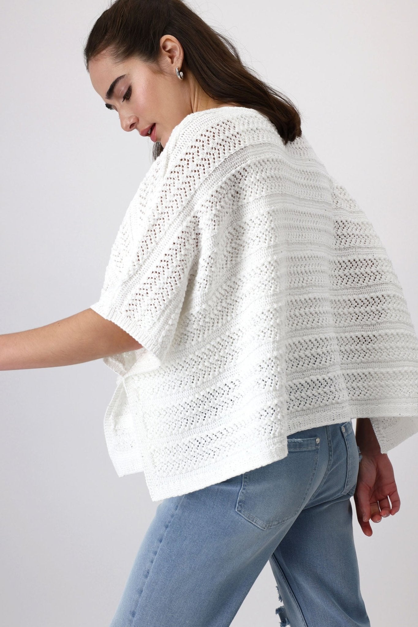 Monari 408427 Off White Crochet Knit Poncho Jumper - Dotique