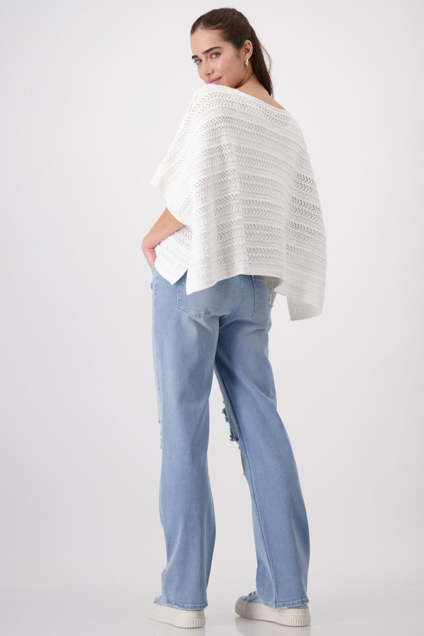 Monari 408427 Off White Crochet Knit Poncho Jumper - Dotique