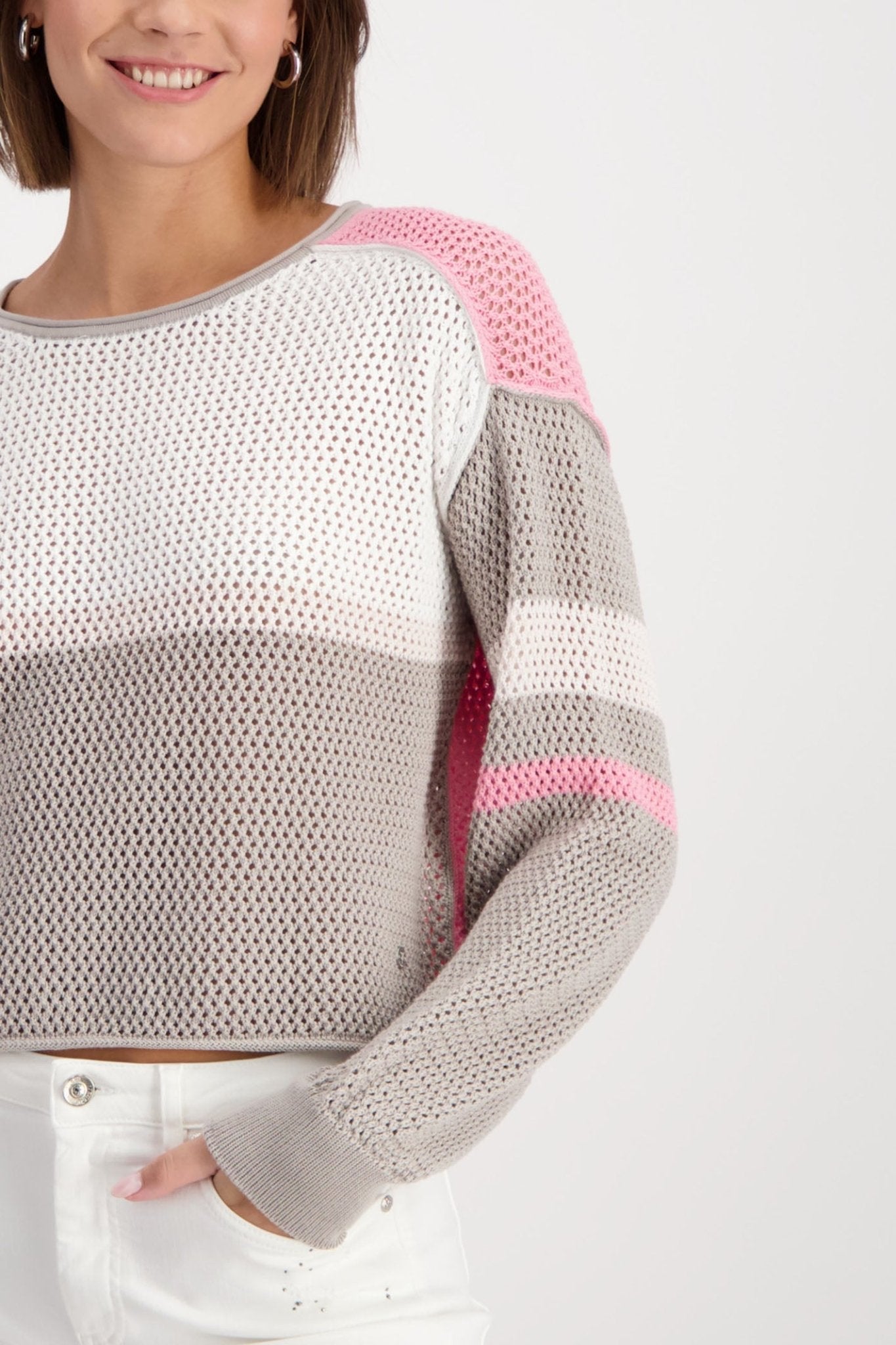 Monari 408445 Coconut Taupe Pink Mesh Knit Relaxed Fit Jumper - Dotique