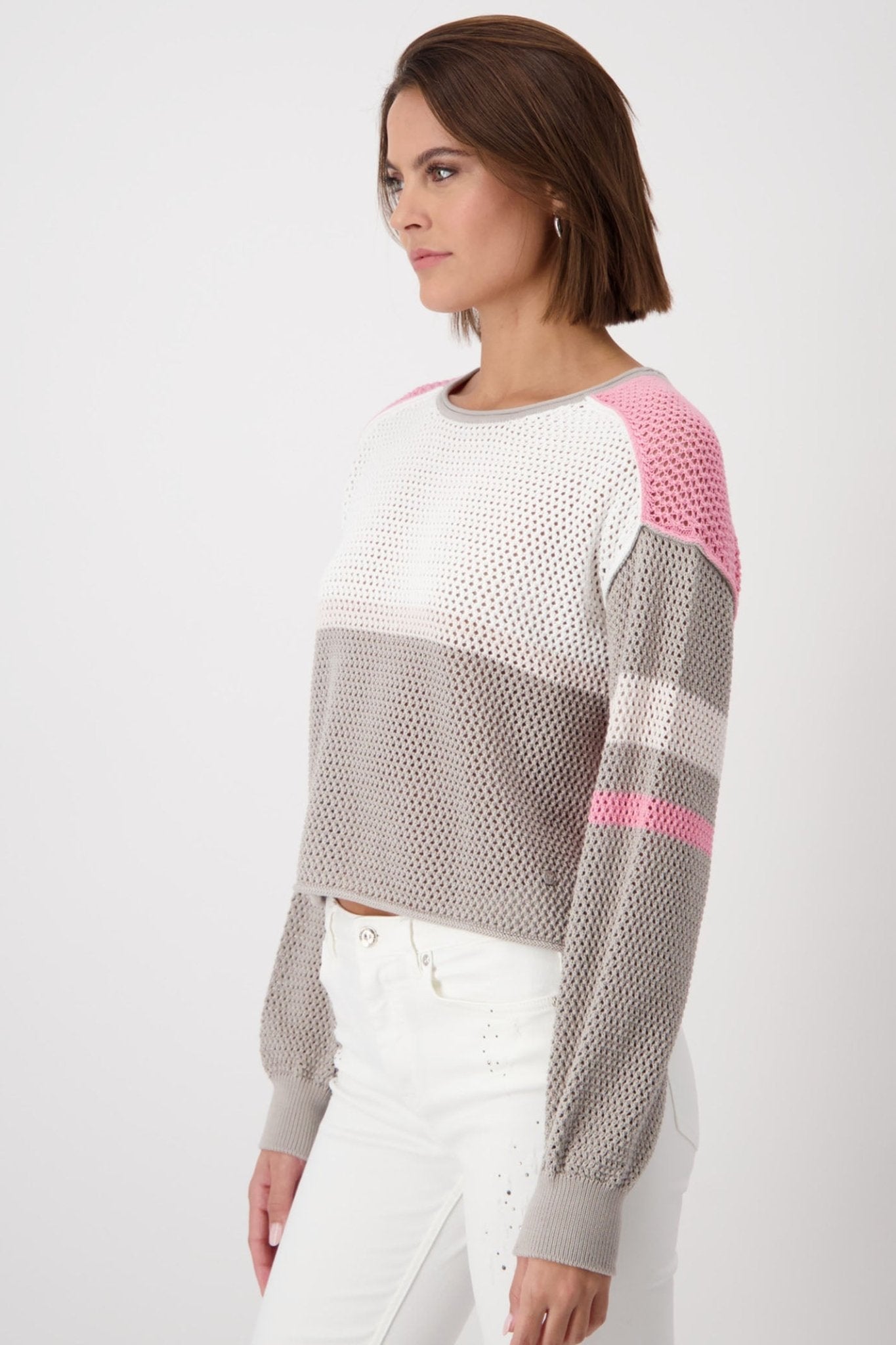 Monari 408445 Coconut Taupe Pink Mesh Knit Relaxed Fit Jumper - Dotique