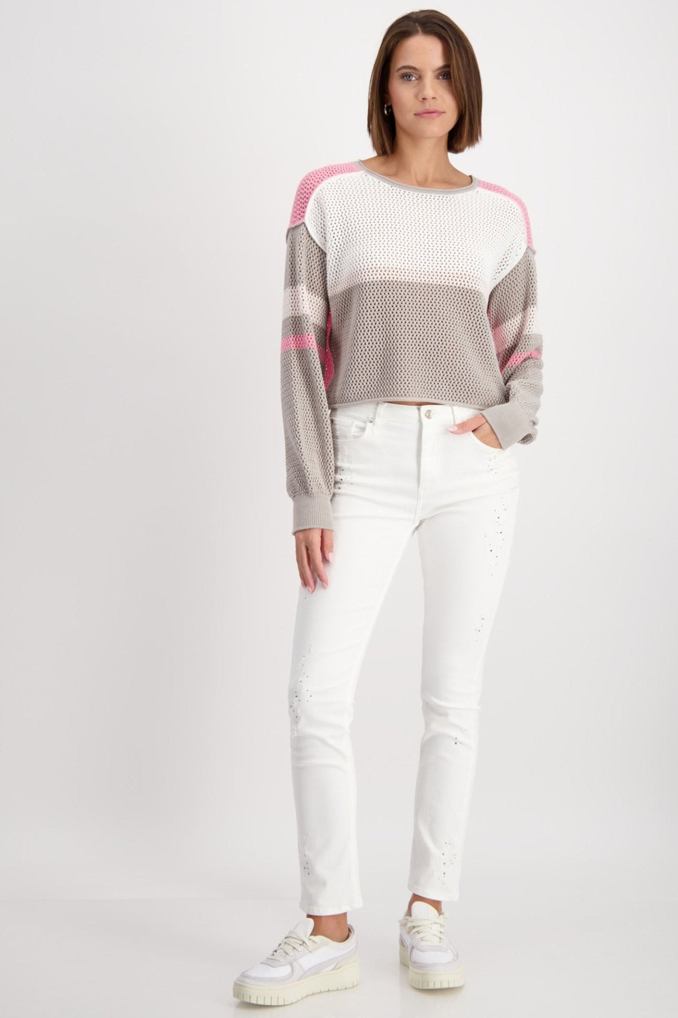 Monari 408445 Coconut Taupe Pink Mesh Knit Relaxed Fit Jumper - Dotique