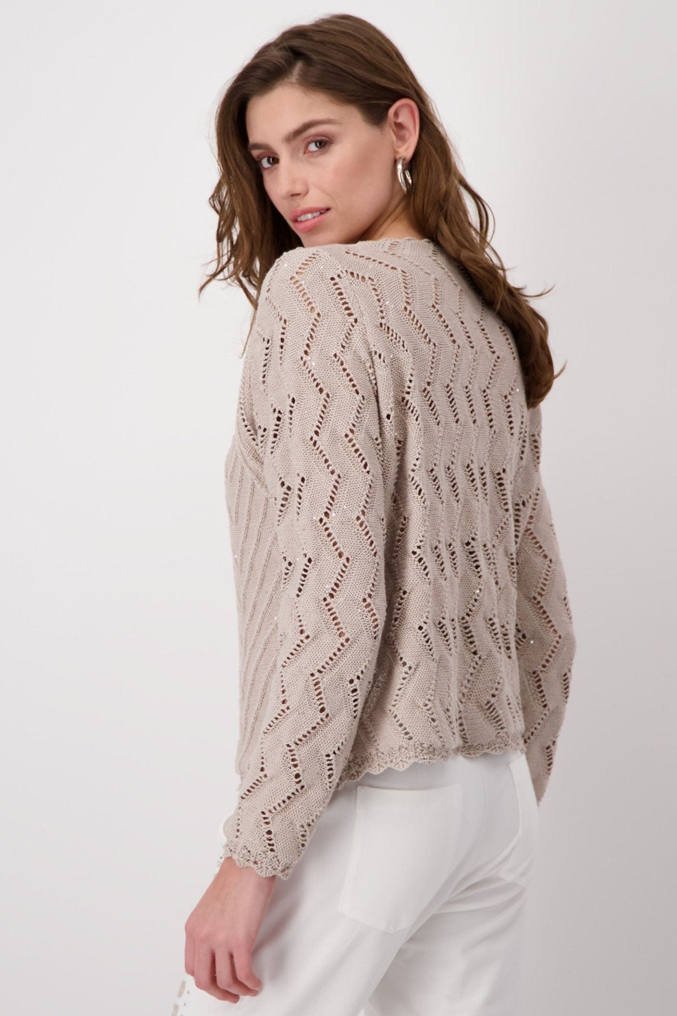 Monari 408450 Hazel Brown Ajour V Neck Jumper - Dotique