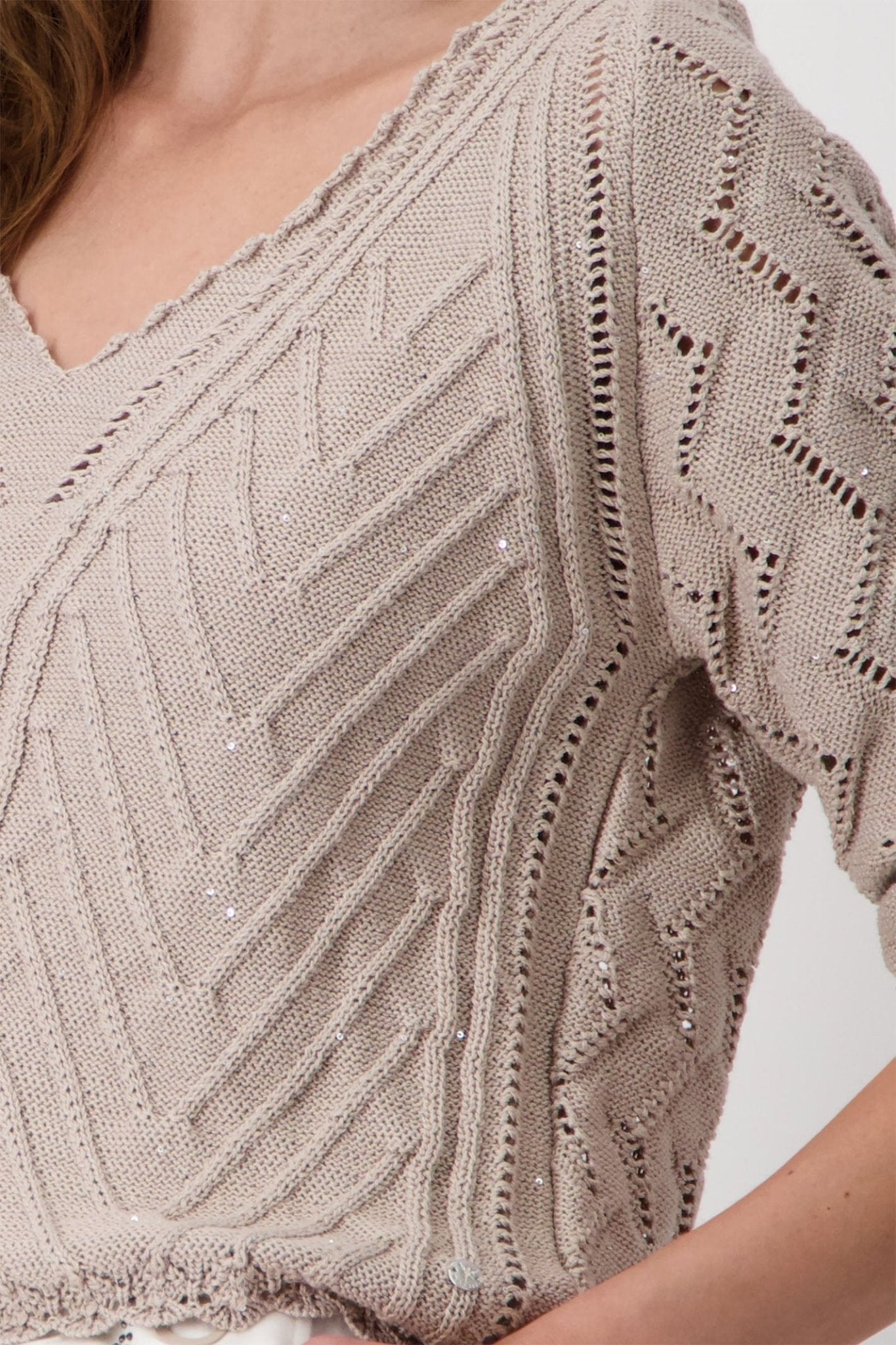 Monari 408450 Hazel Brown Ajour V Neck Jumper - Dotique