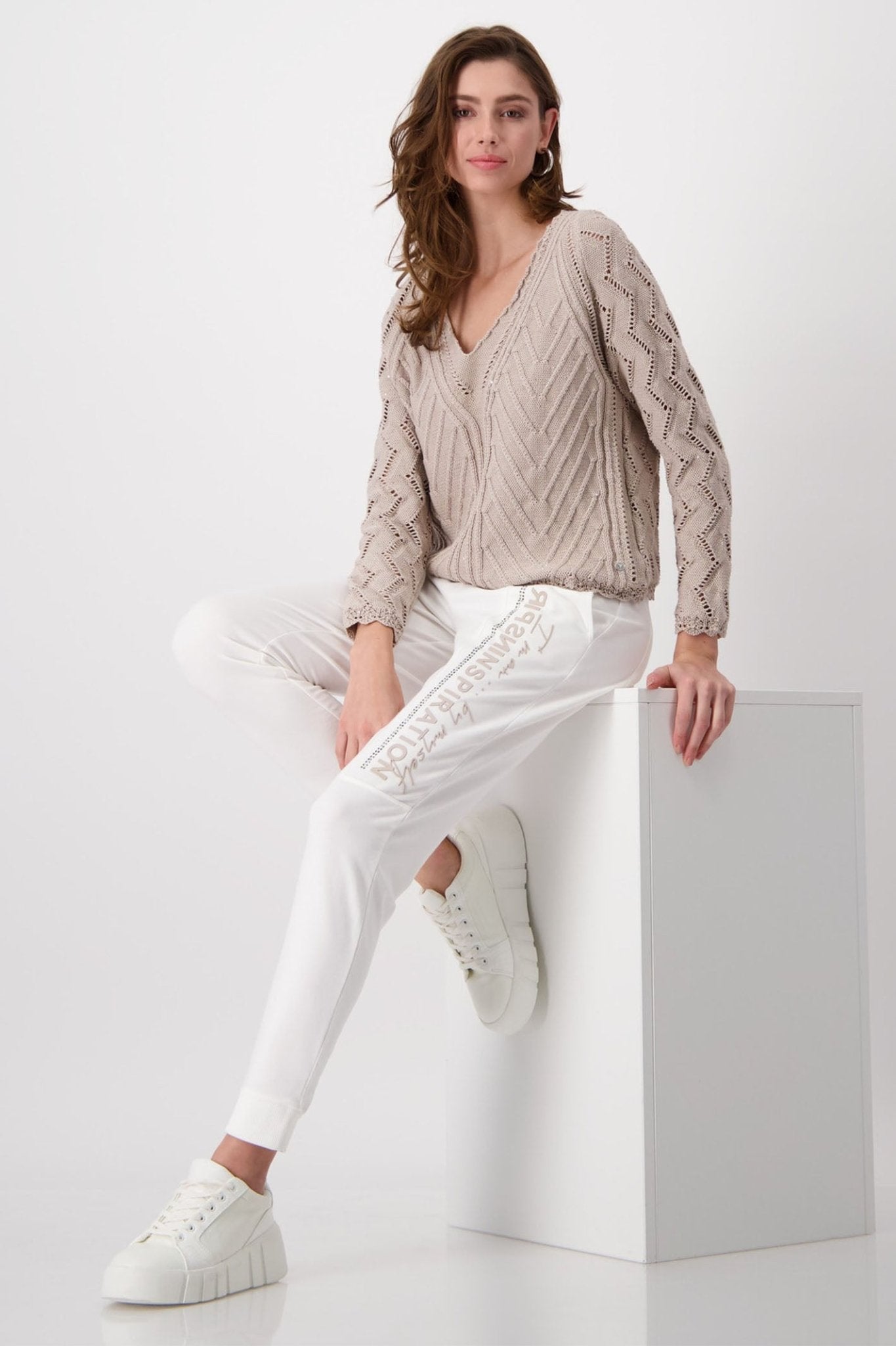 Monari 408450 Hazel Brown Ajour V Neck Jumper - Dotique