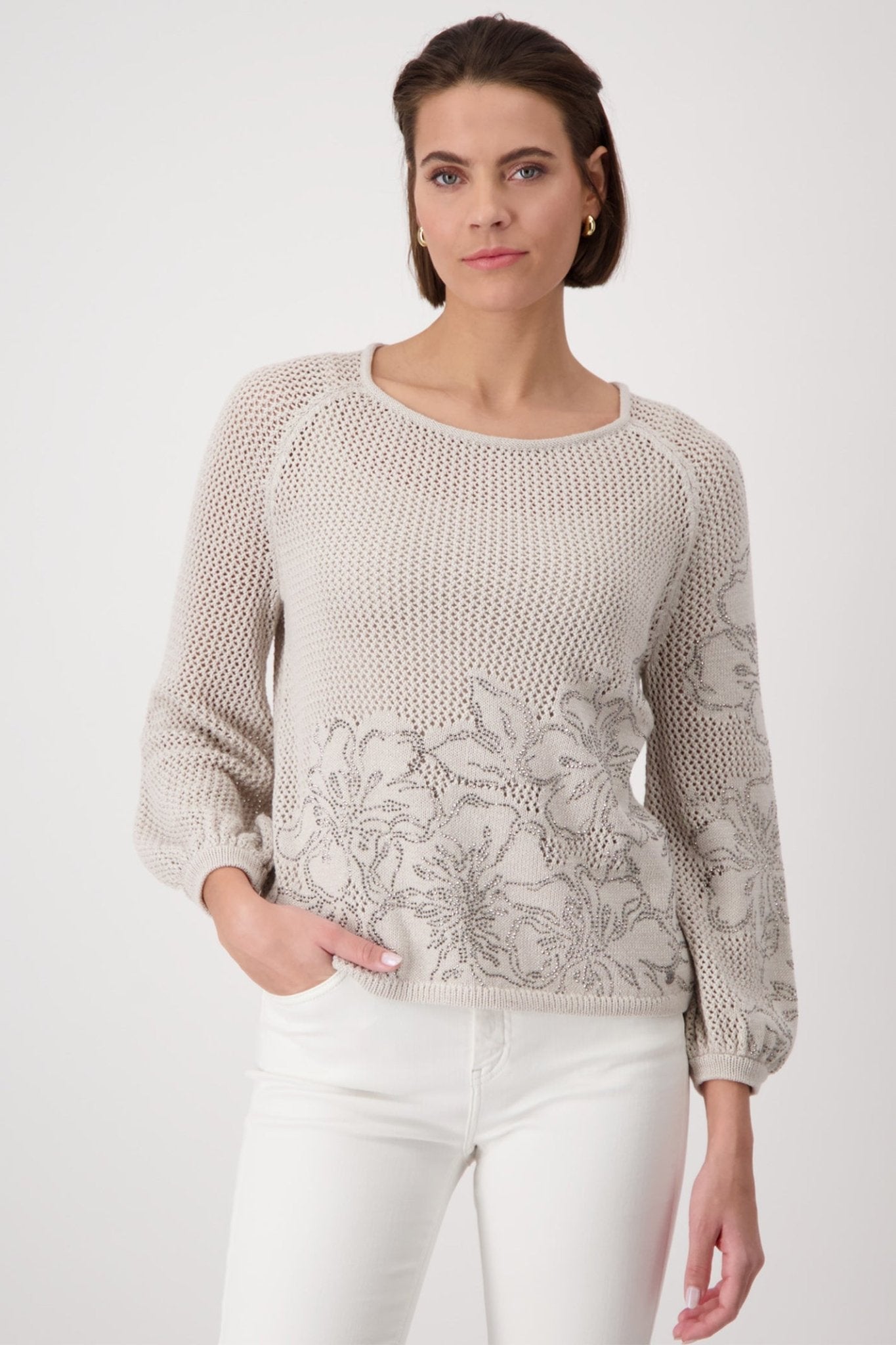Monari 409265 Round Neck Floral Jumper in Warm Sand - Dotique