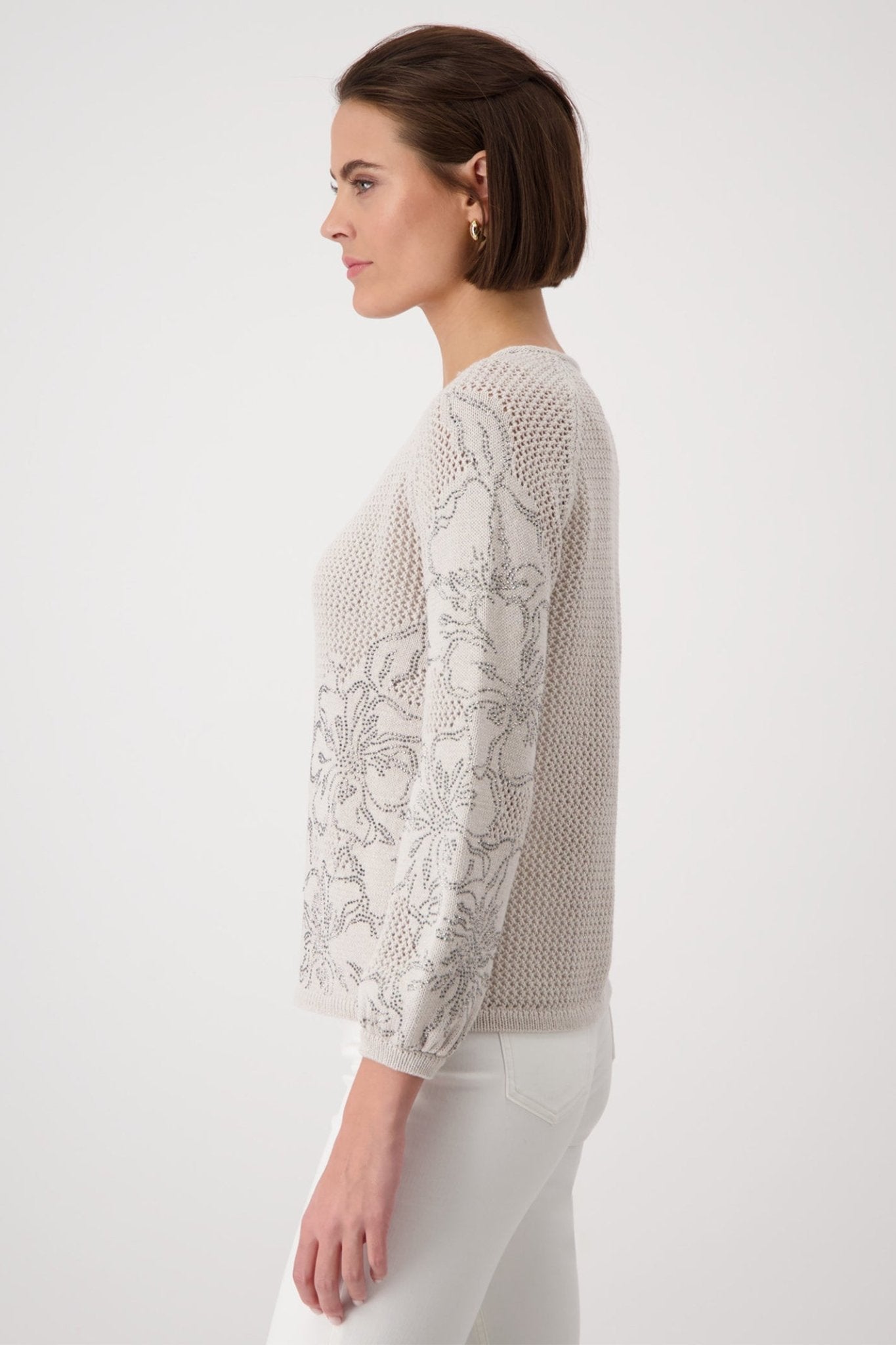 Monari 409265 Round Neck Floral Jumper in Warm Sand - Dotique