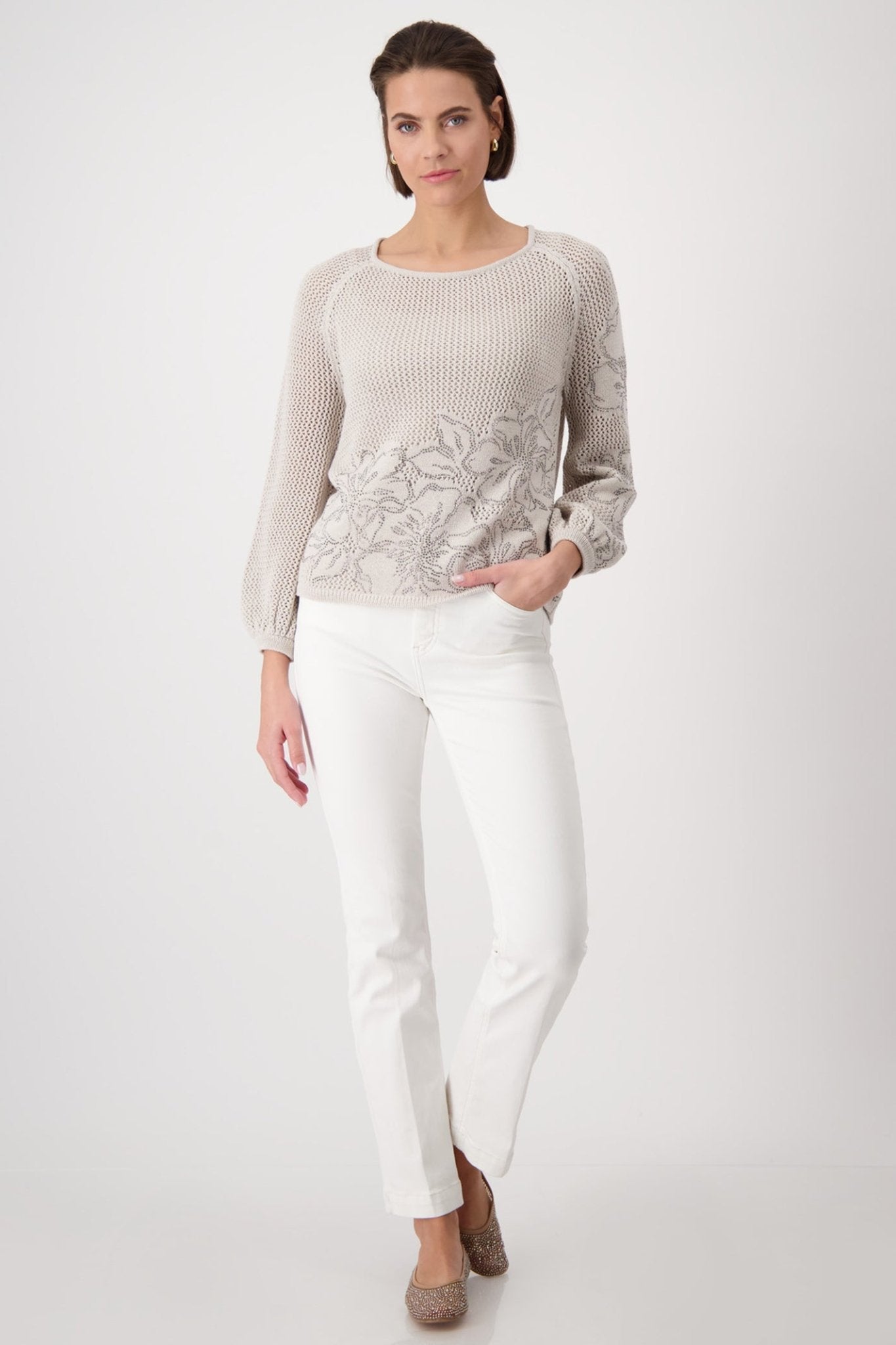 Monari 409265 Round Neck Floral Jumper in Warm Sand - Dotique