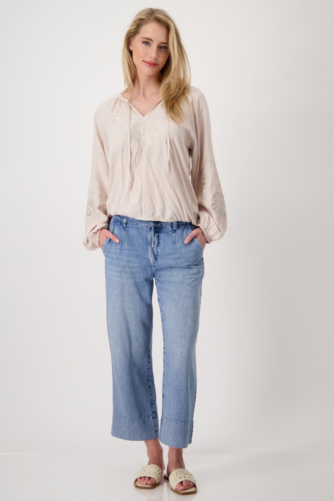 Monari 409403 Cream Blouse with Warm Sand Flower Appliqué - Dotique