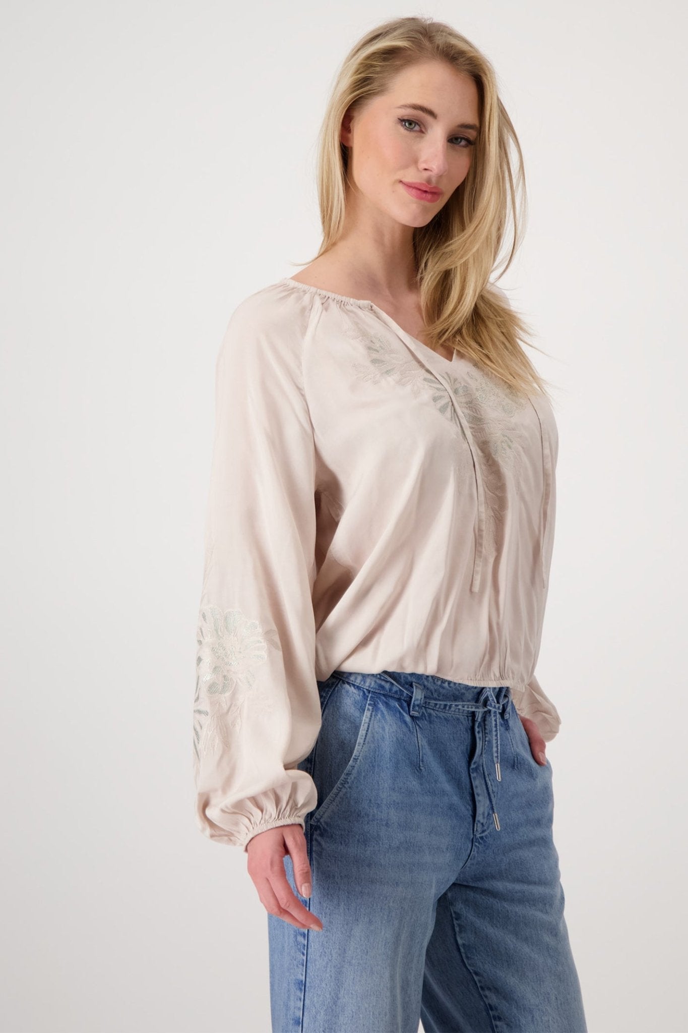 Monari 409403 Cream Blouse with Warm Sand Flower Appliqué - Dotique