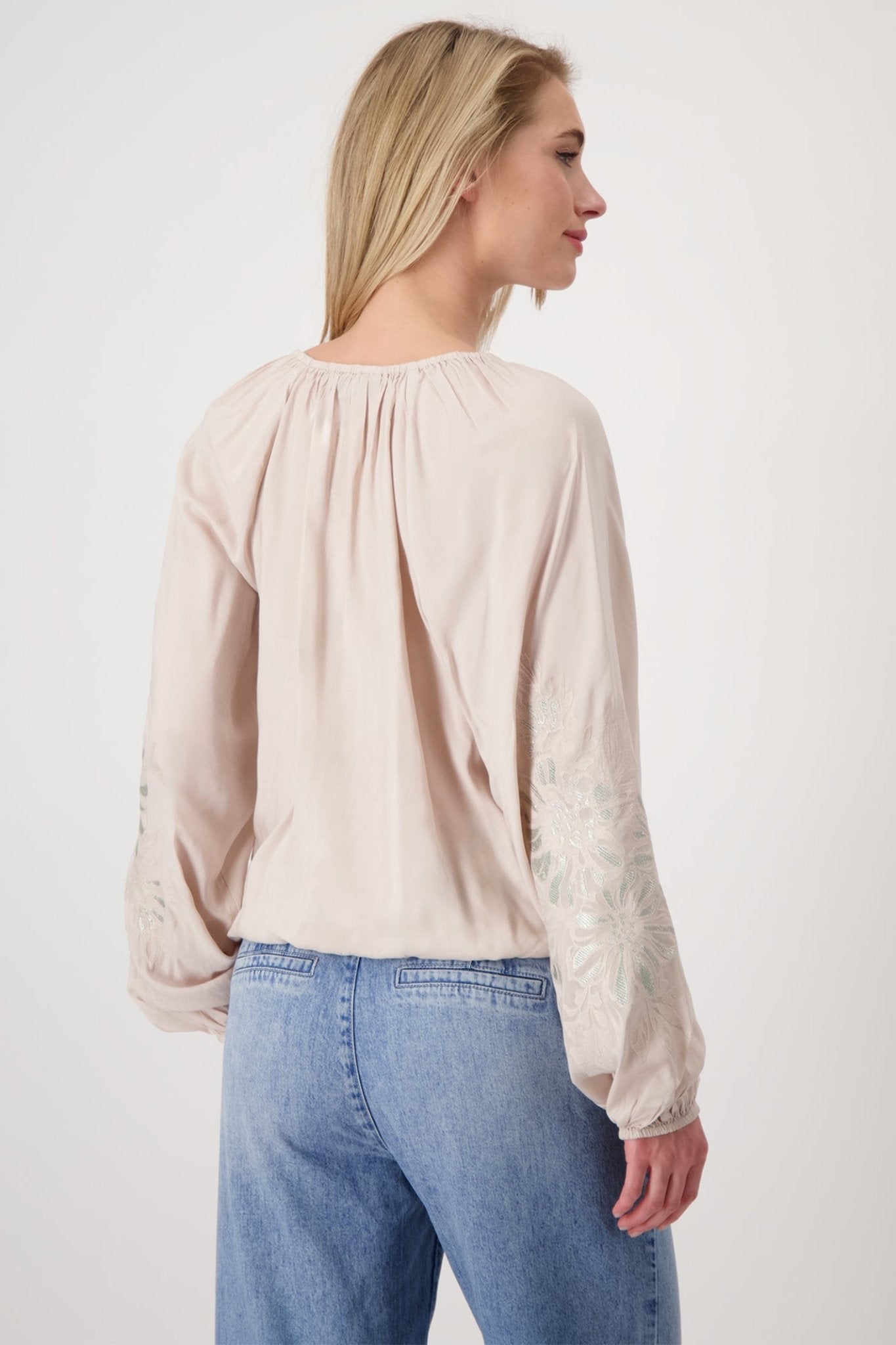 Monari 409403 Cream Blouse with Warm Sand Flower Appliqué - Dotique